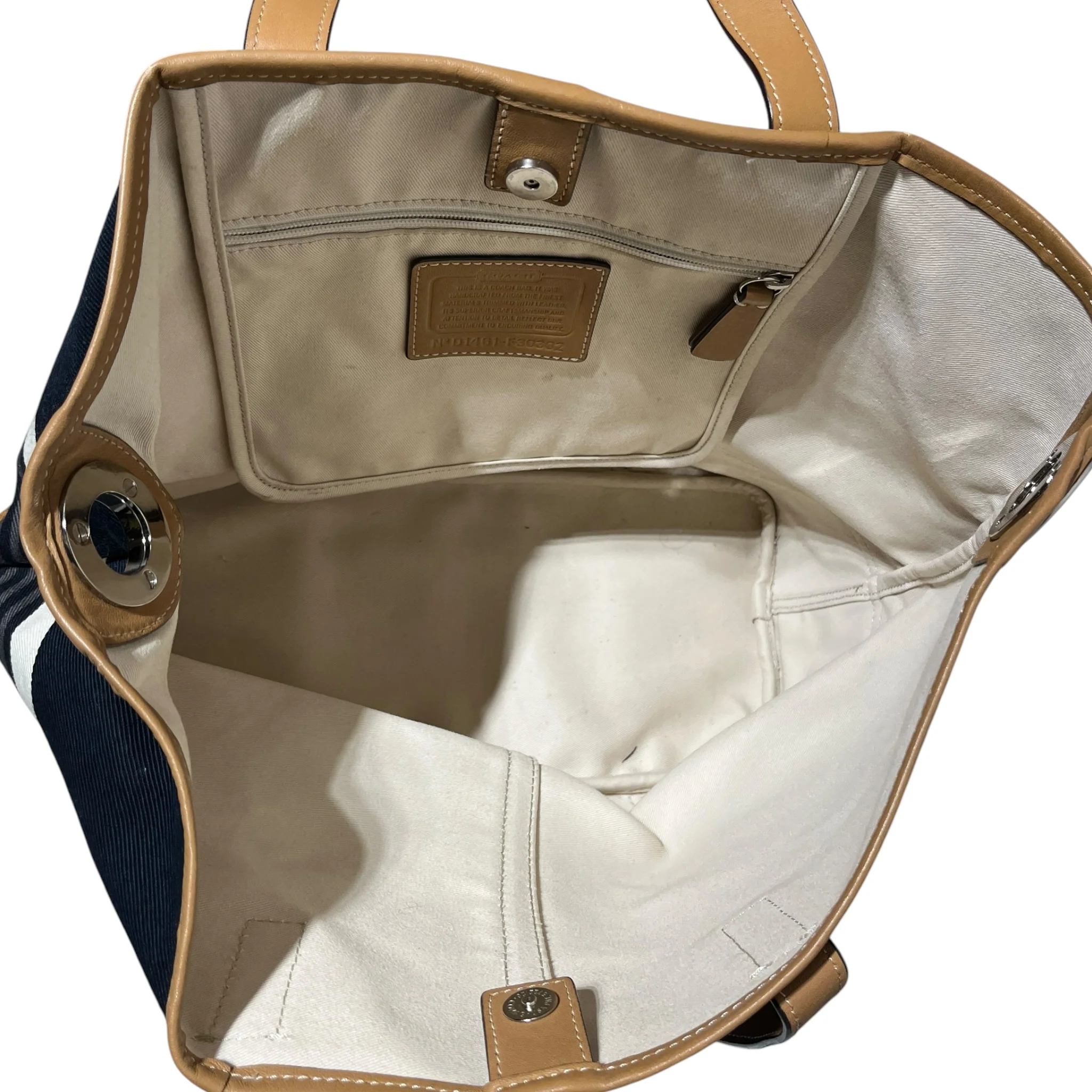 COACH/Hand Bag/Stripe/Leather/NVY/HADLEY CANVAS
