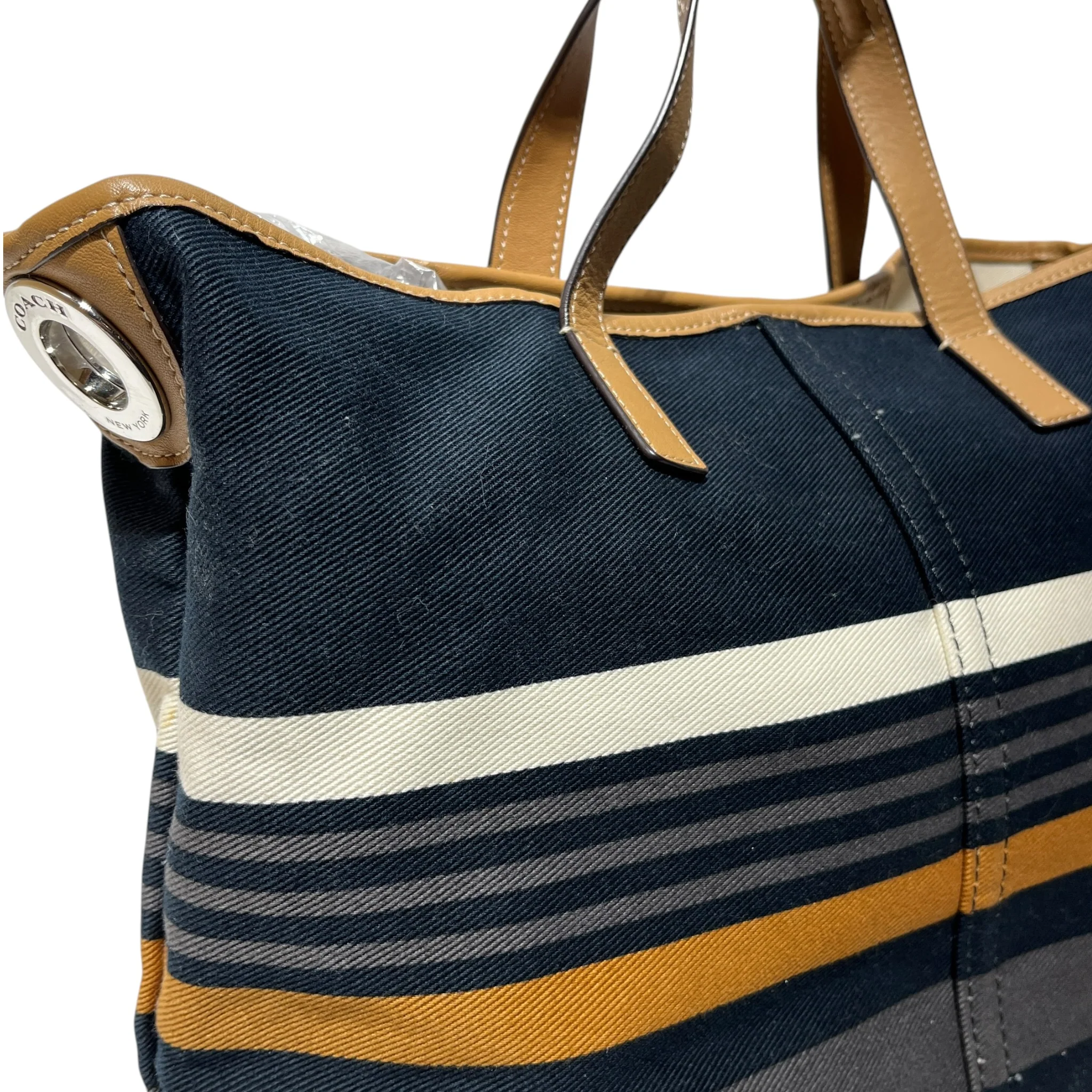 COACH/Hand Bag/Stripe/Leather/NVY/HADLEY CANVAS