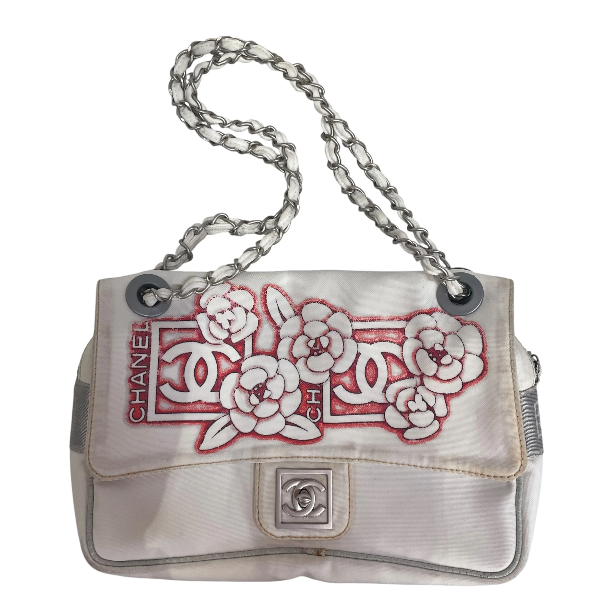 CHANEL/Cross Body Bag/All Over Print/Nylon/WHT/RED CAMELIA NYLON FLAP BAG