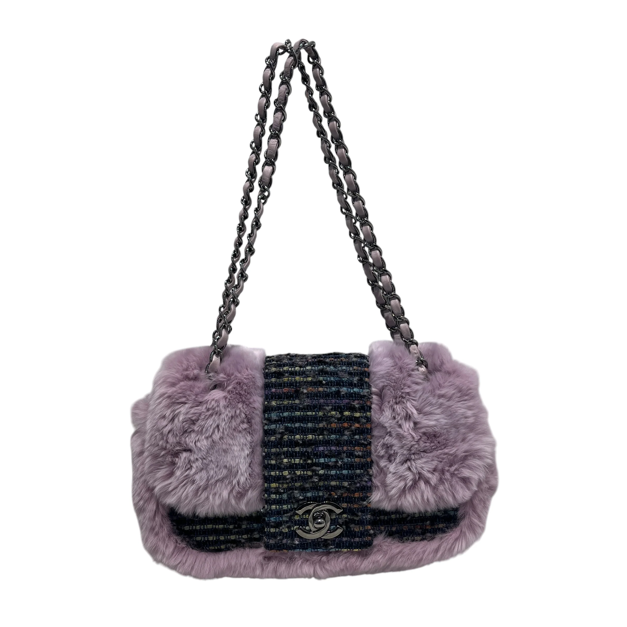 CHANEL/Hand Bag/All Over Print/Fur/PPL/Fantasy Fur Tweed Flap Lilac