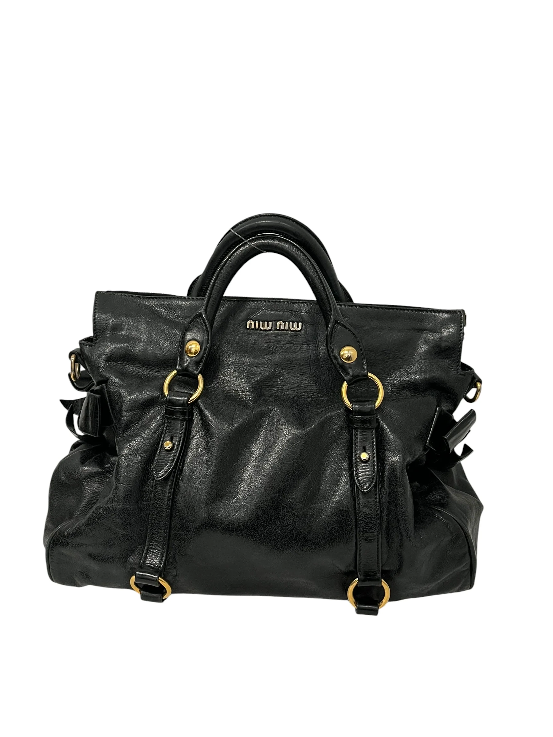 MIU MIU/Hand Bag/Leather/BLK/VITELLO LUX BOW BAG W GLD HARD