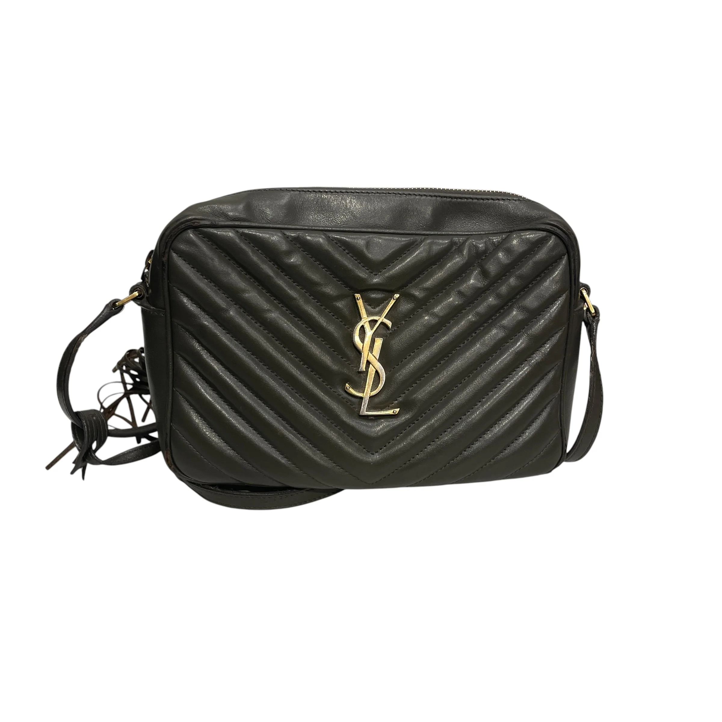 YVES SAINT LAURENT/Cross Body Bag/Stripe/Leather/GRY/CALFSKIN CAMERA BAG