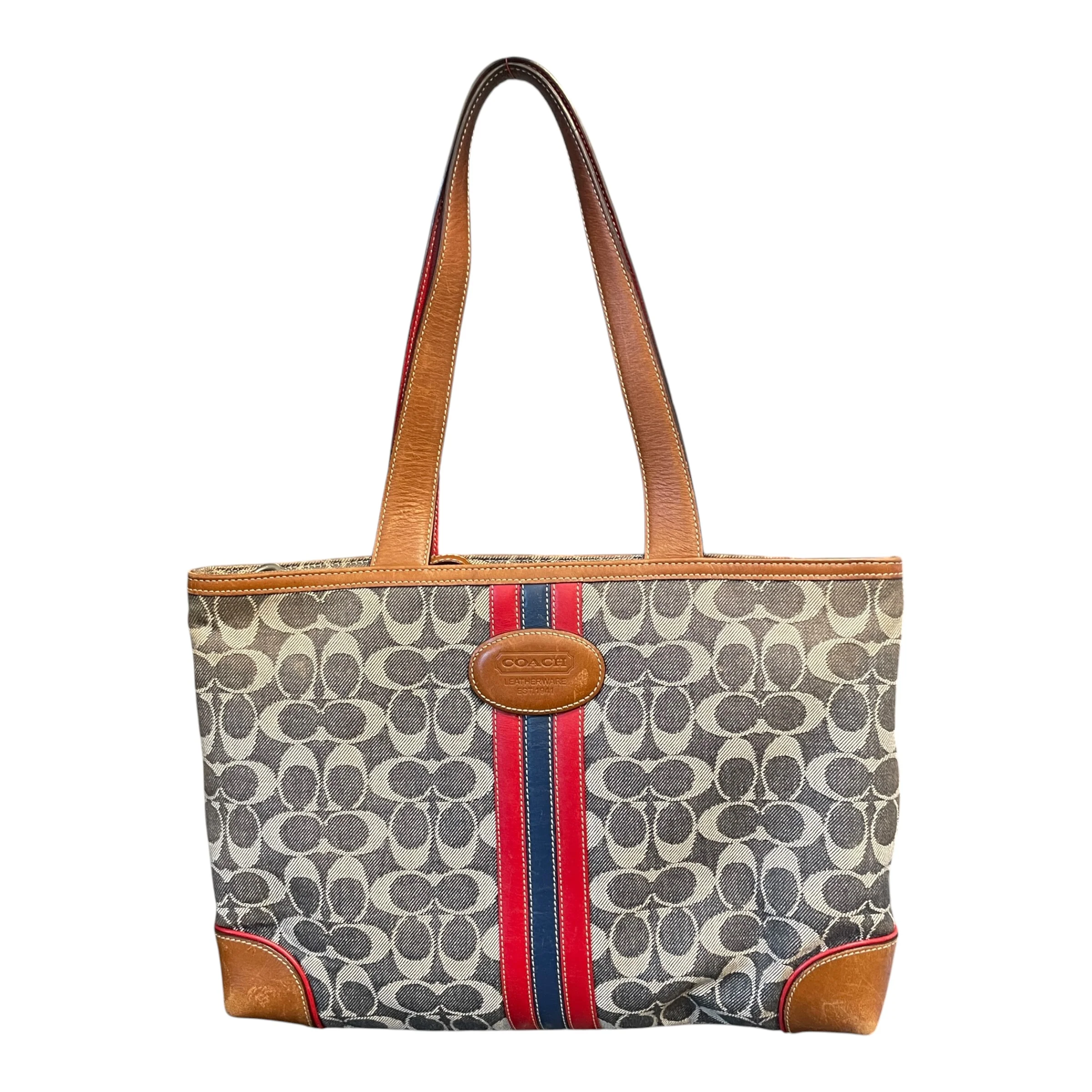 COACH/Hand Bag/Monogram/Cotton/GRY/Signature Denim Stripe