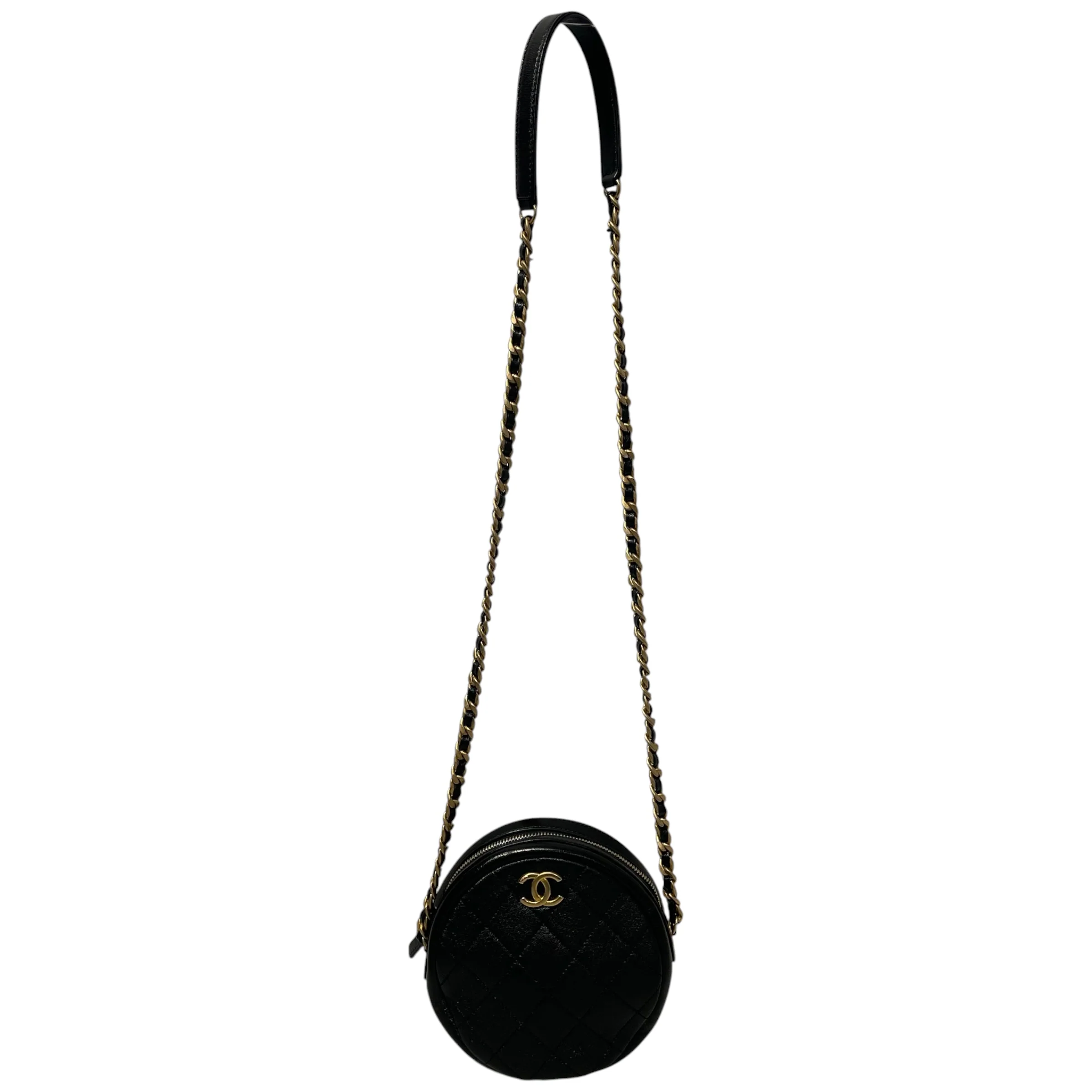 CHANEL/Cross Body Bag/Leather/BLK/quilted leather circle bag