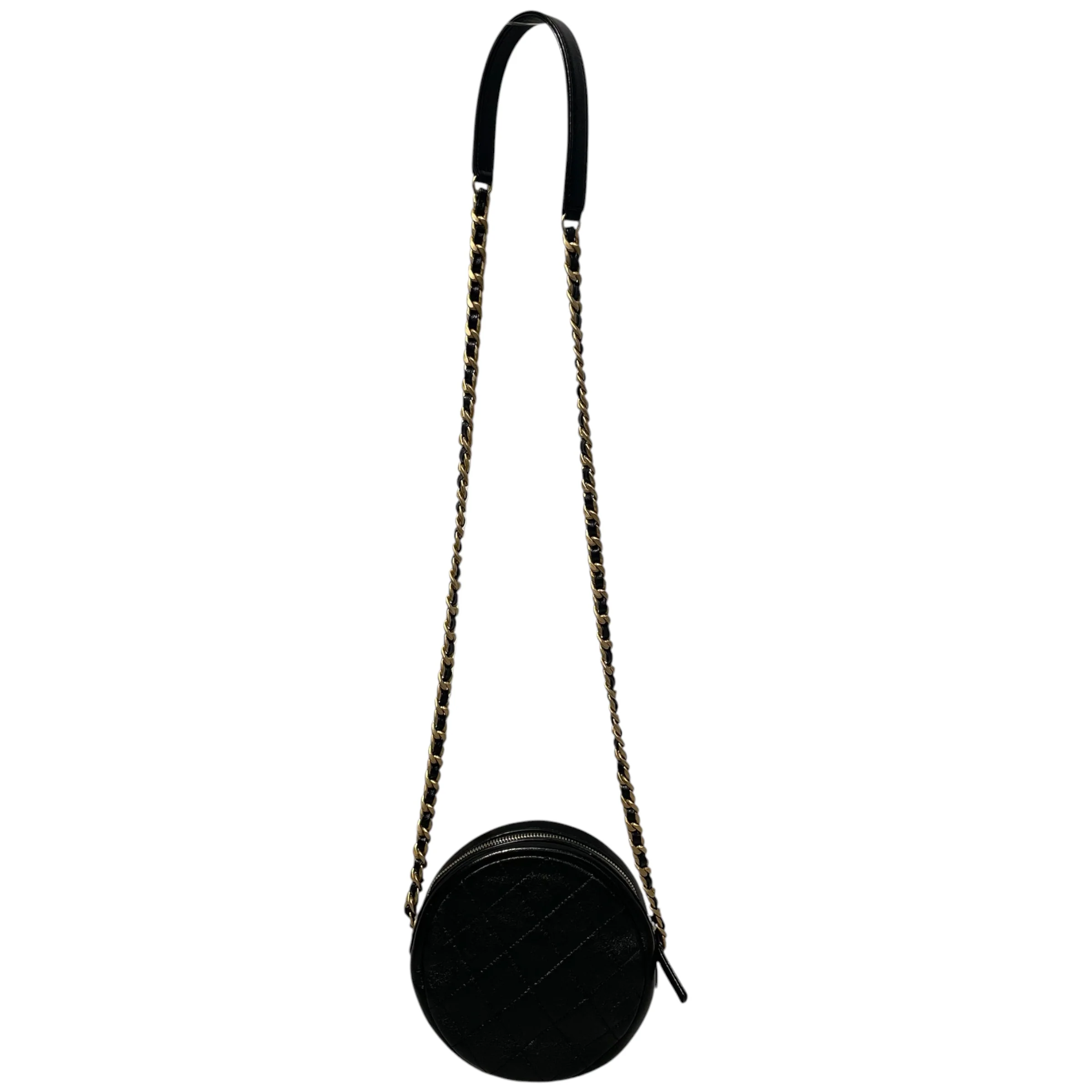 CHANEL/Cross Body Bag/Leather/BLK/quilted leather circle bag