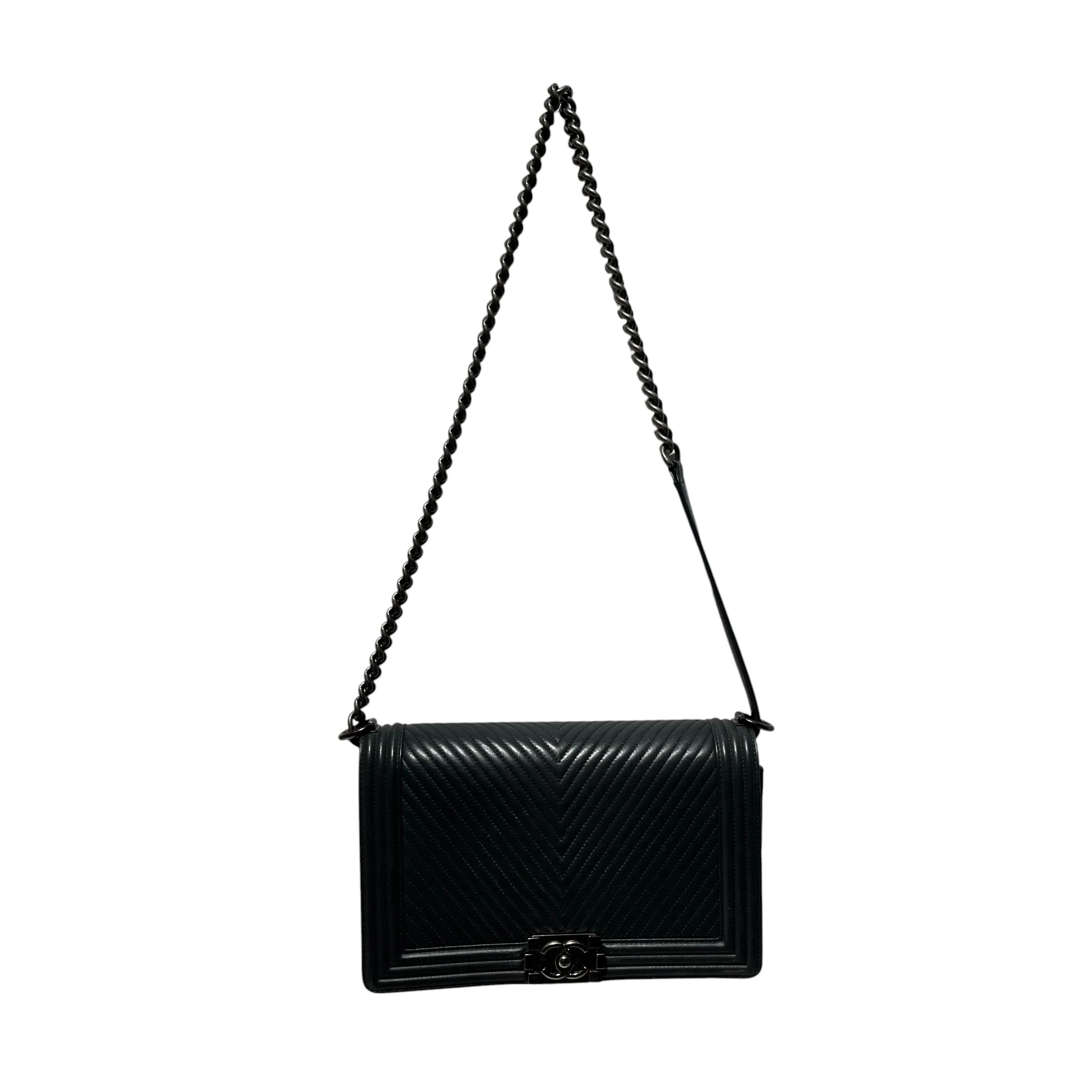 CHANEL/Cross Body Bag/Leather/GRY/Chevron Large Boy Bag