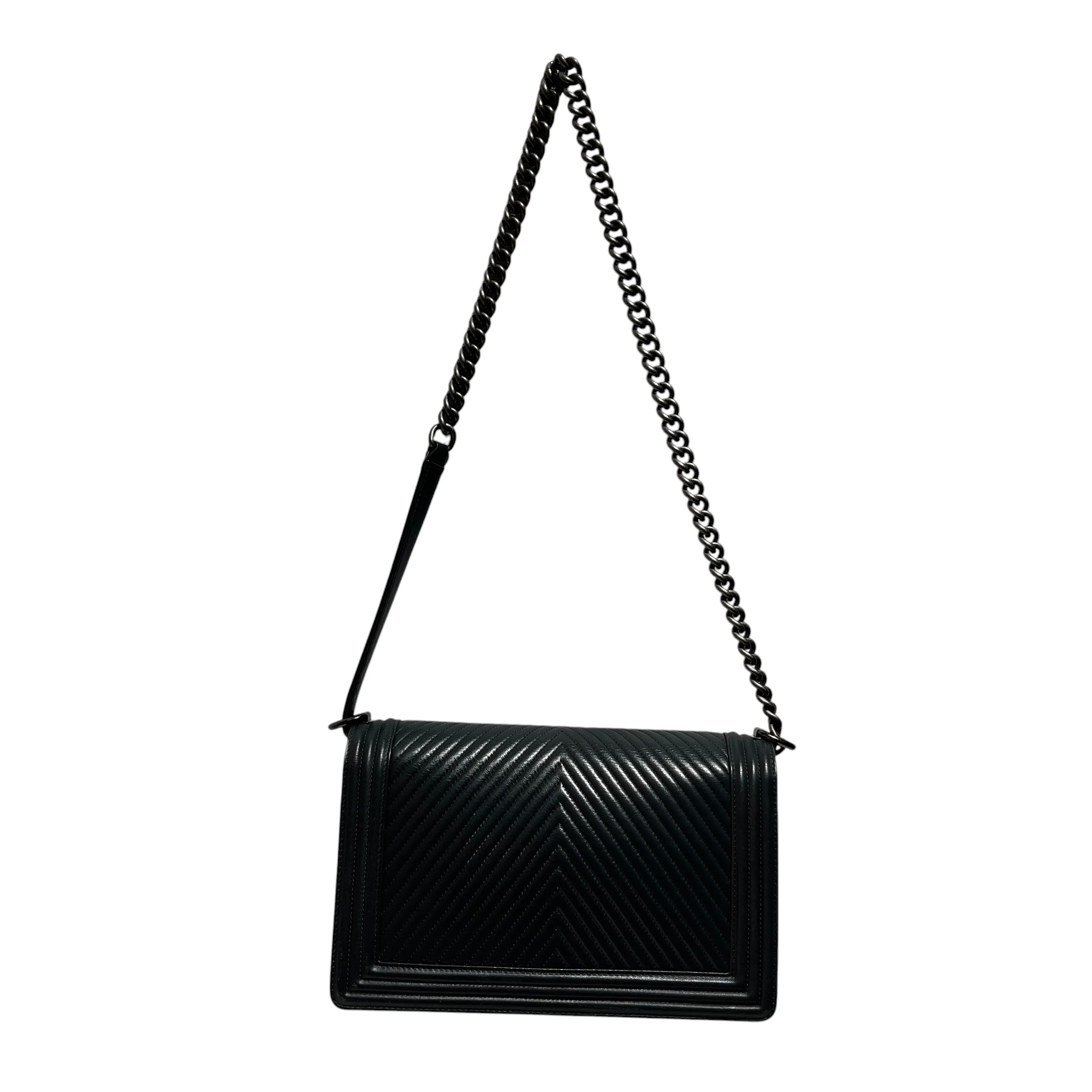 CHANEL/Cross Body Bag/Leather/GRY/Chevron Large Boy Bag