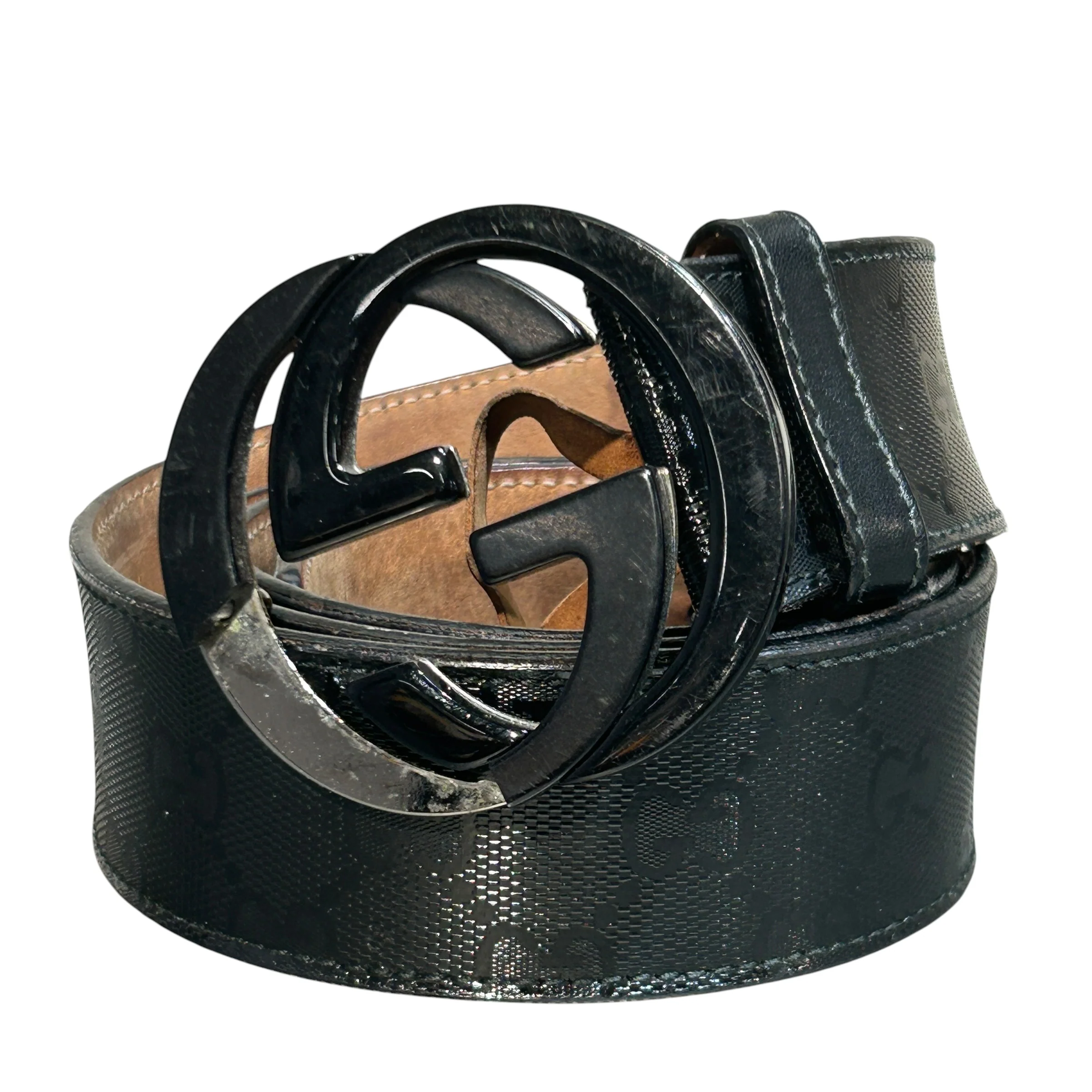 GUCCI/Belt/Monogram/Leather/BLK/PVC black monogram