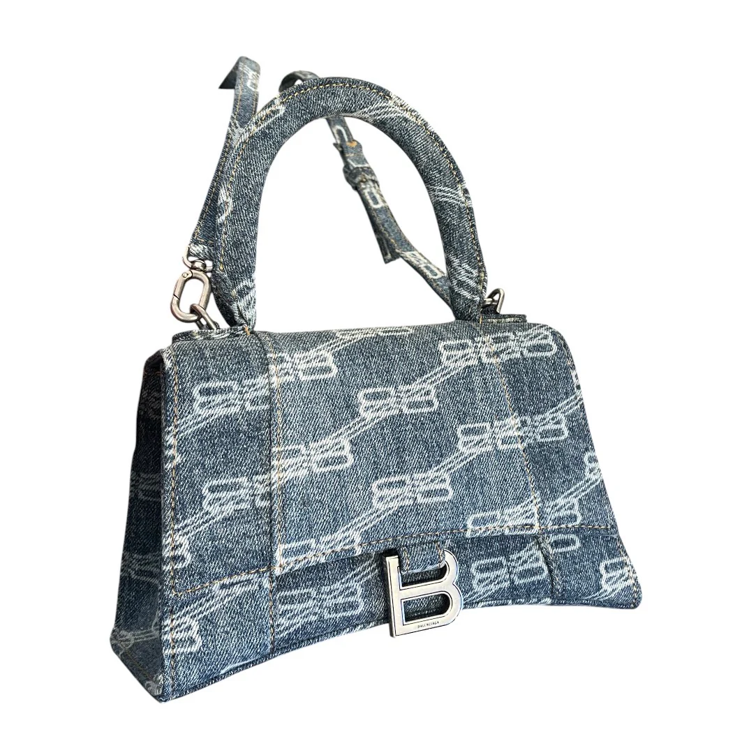 BALENCIAGA/Hand Bag/Monogram/Denim/IDG/HOURGLASS BLEACHED DENIM MINI