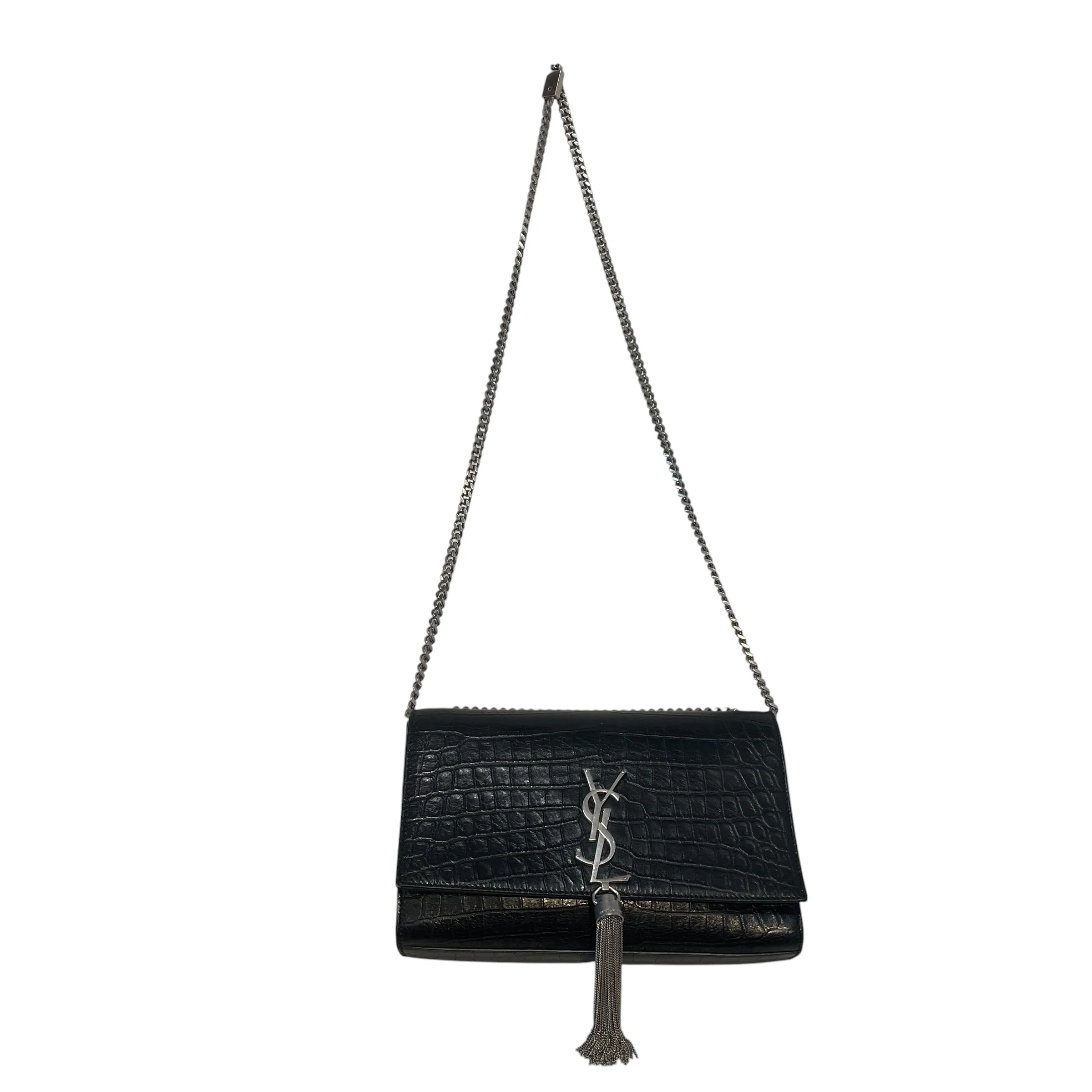 YVES SAINT LAURENT/Hand Bag/Animal Pattern/Leather/BLK/Croc Embossed Kate Bag