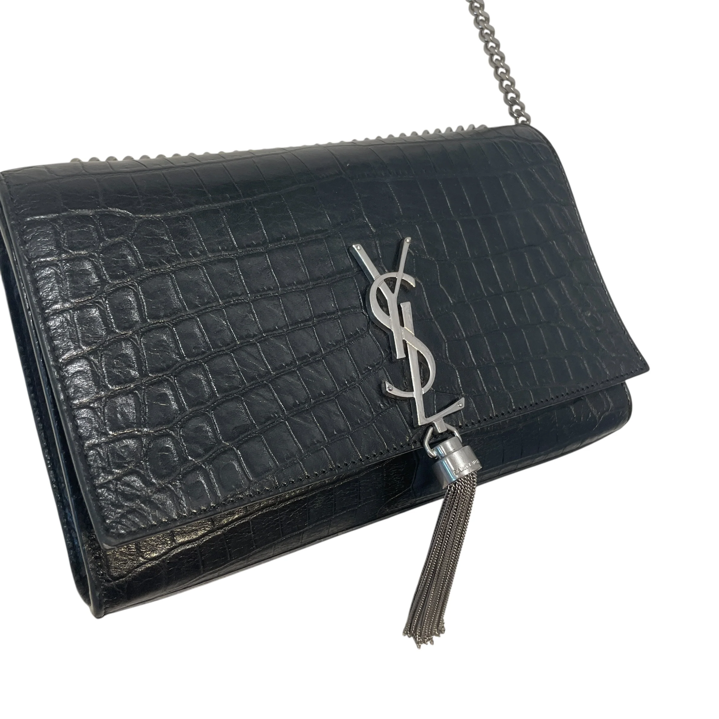 YVES SAINT LAURENT/Hand Bag/Animal Pattern/Leather/BLK/Croc Embossed Kate Bag