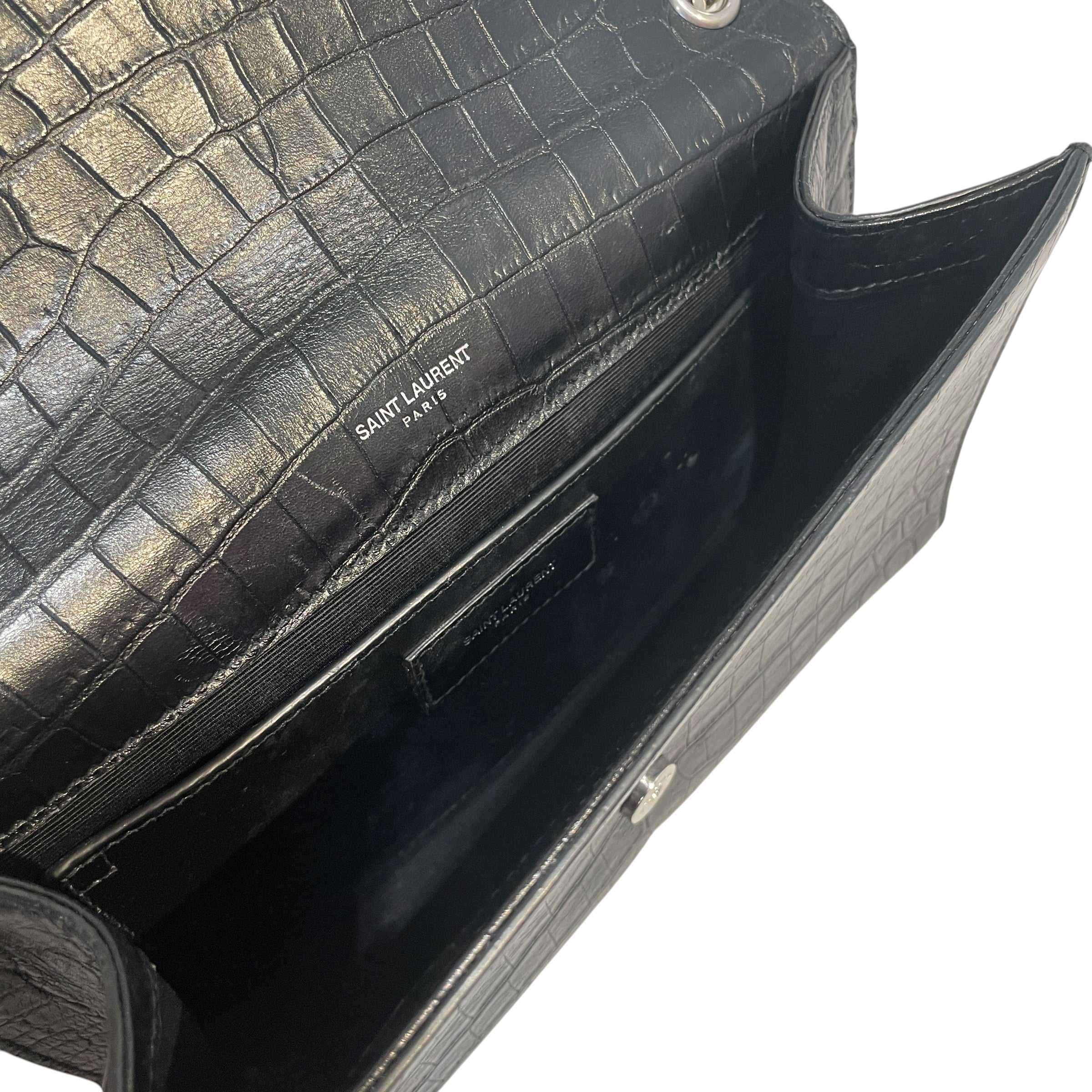 YVES SAINT LAURENT/Hand Bag/Animal Pattern/Leather/BLK/Croc Embossed Kate Bag