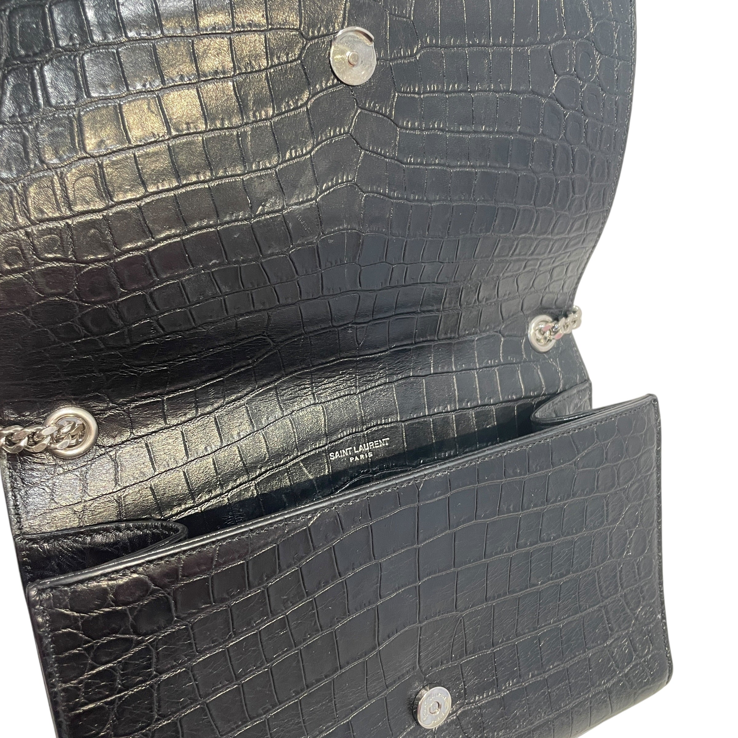 YVES SAINT LAURENT/Hand Bag/Animal Pattern/Leather/BLK/Croc Embossed Kate Bag