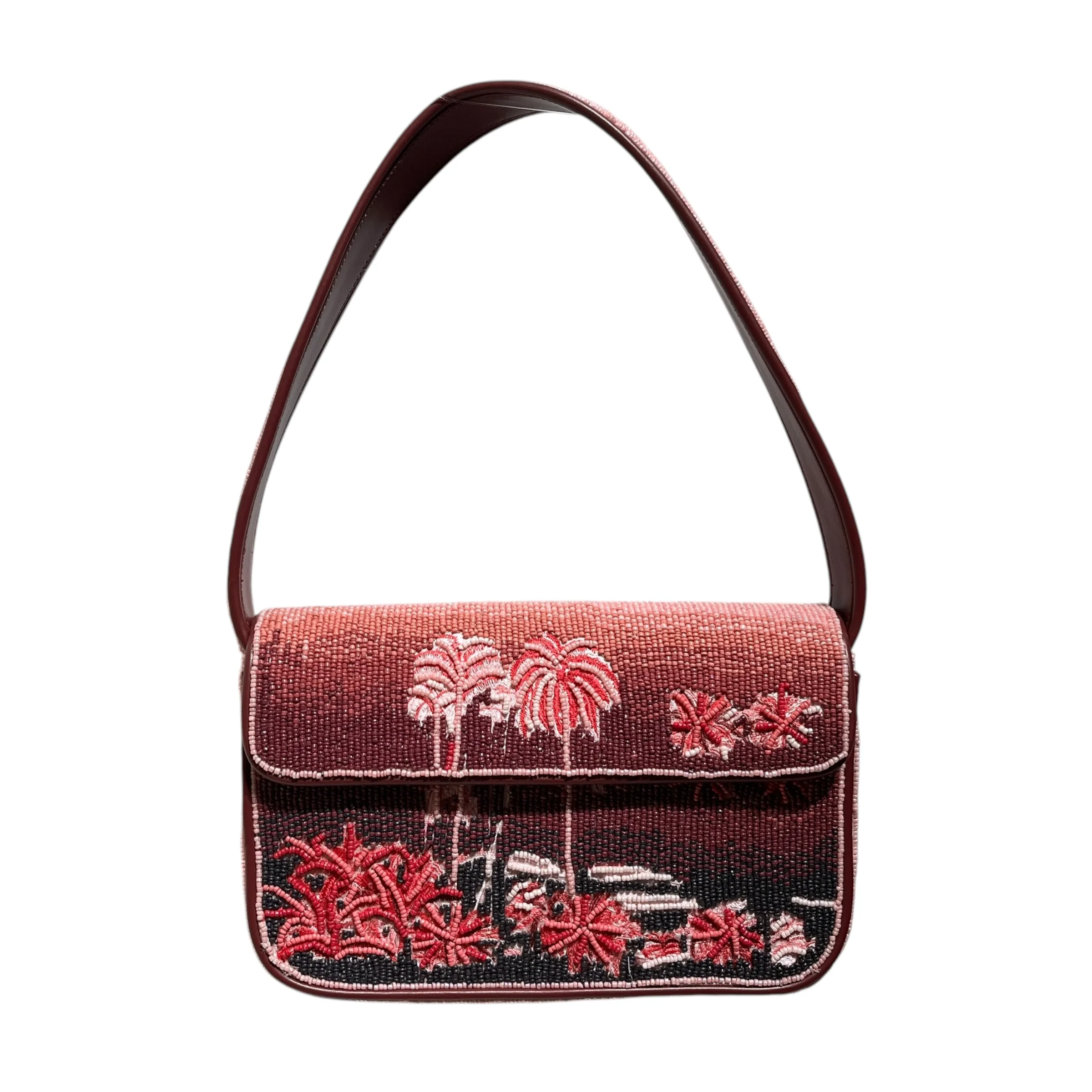 STAUD/Tote Bag/Leather/RED/Beaded Palm Trees Handbag