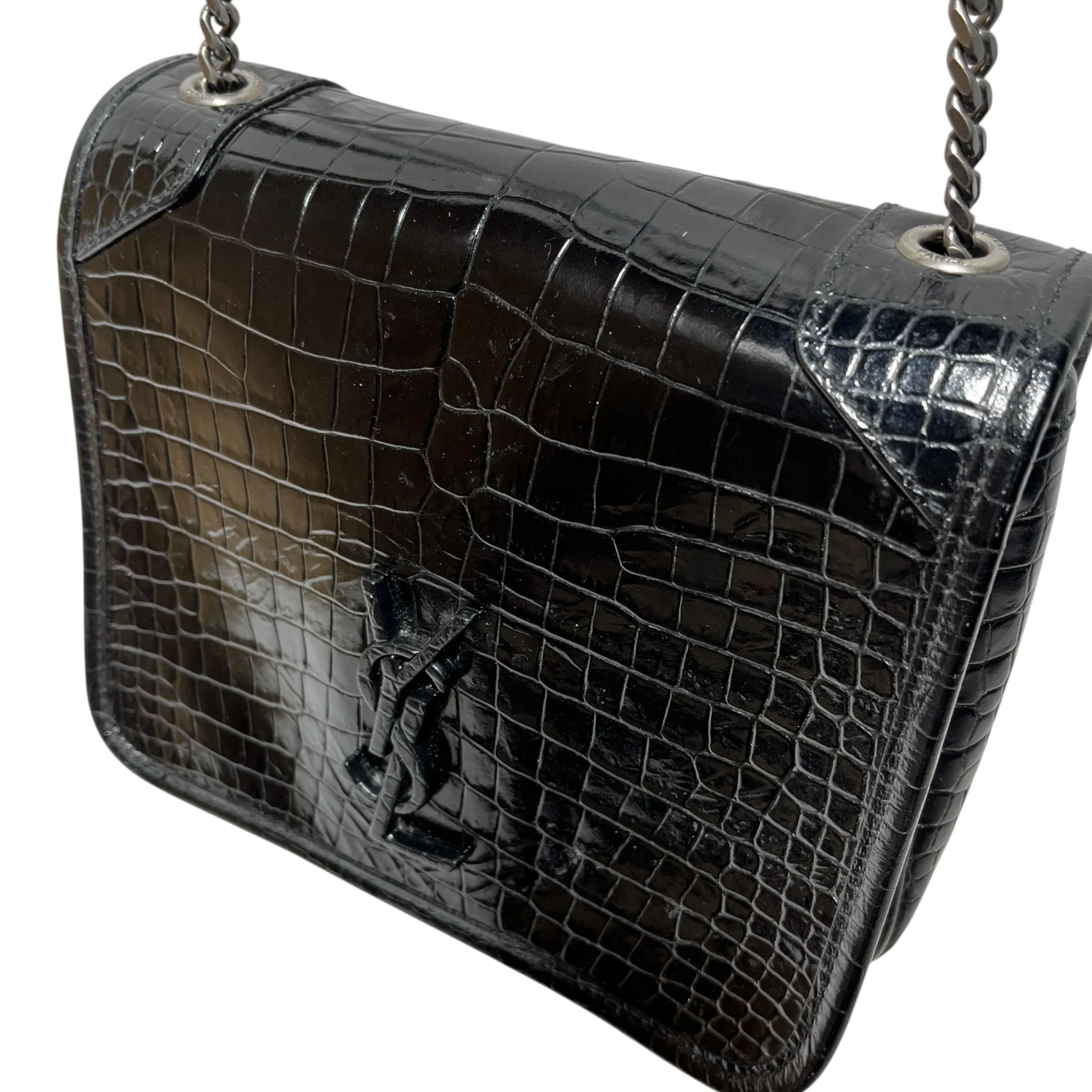 YVES SAINT LAURENT/Cross Body Bag/Animal Pattern/Leather/BLK/embossed croc Niki