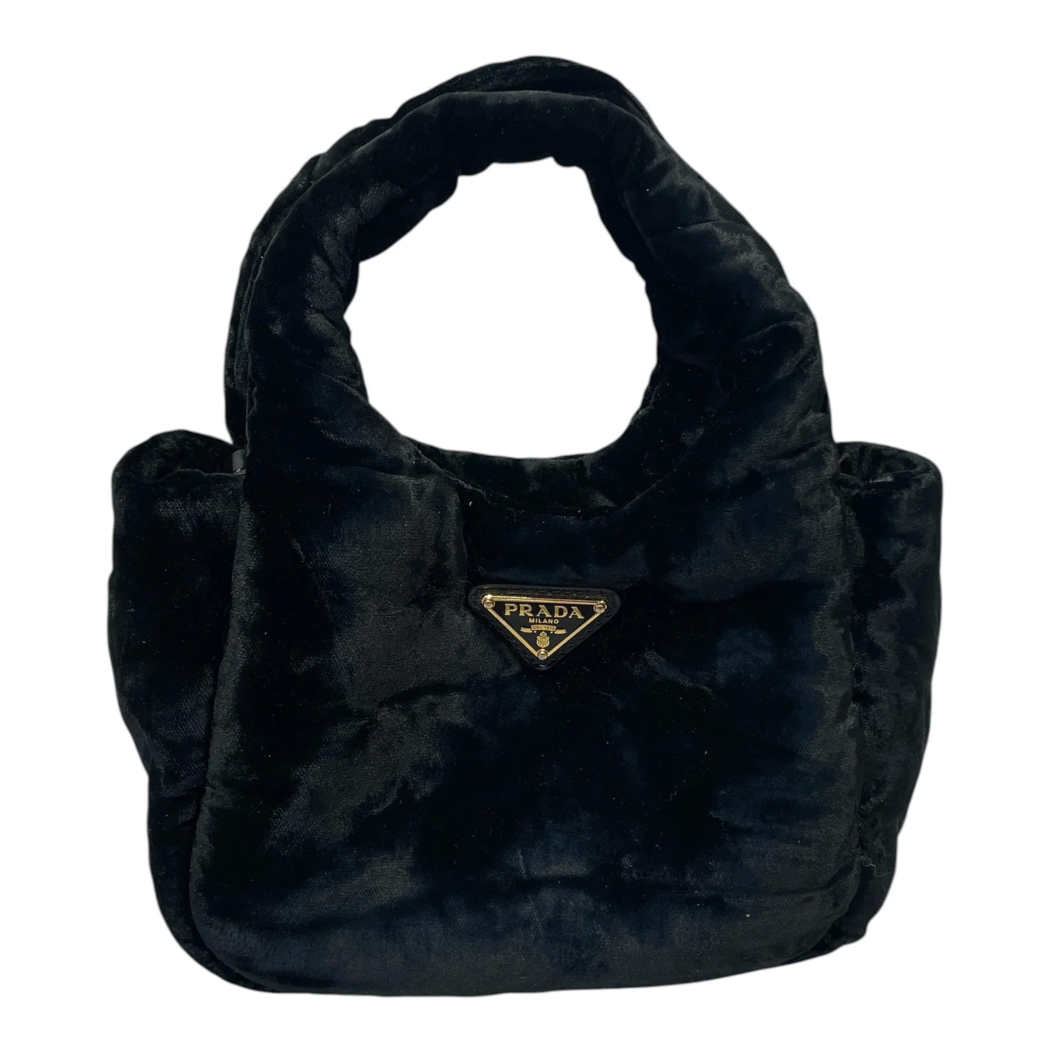 PRADA/Hand Bag/Velour/BLK/mini velvet bag/ leather strap