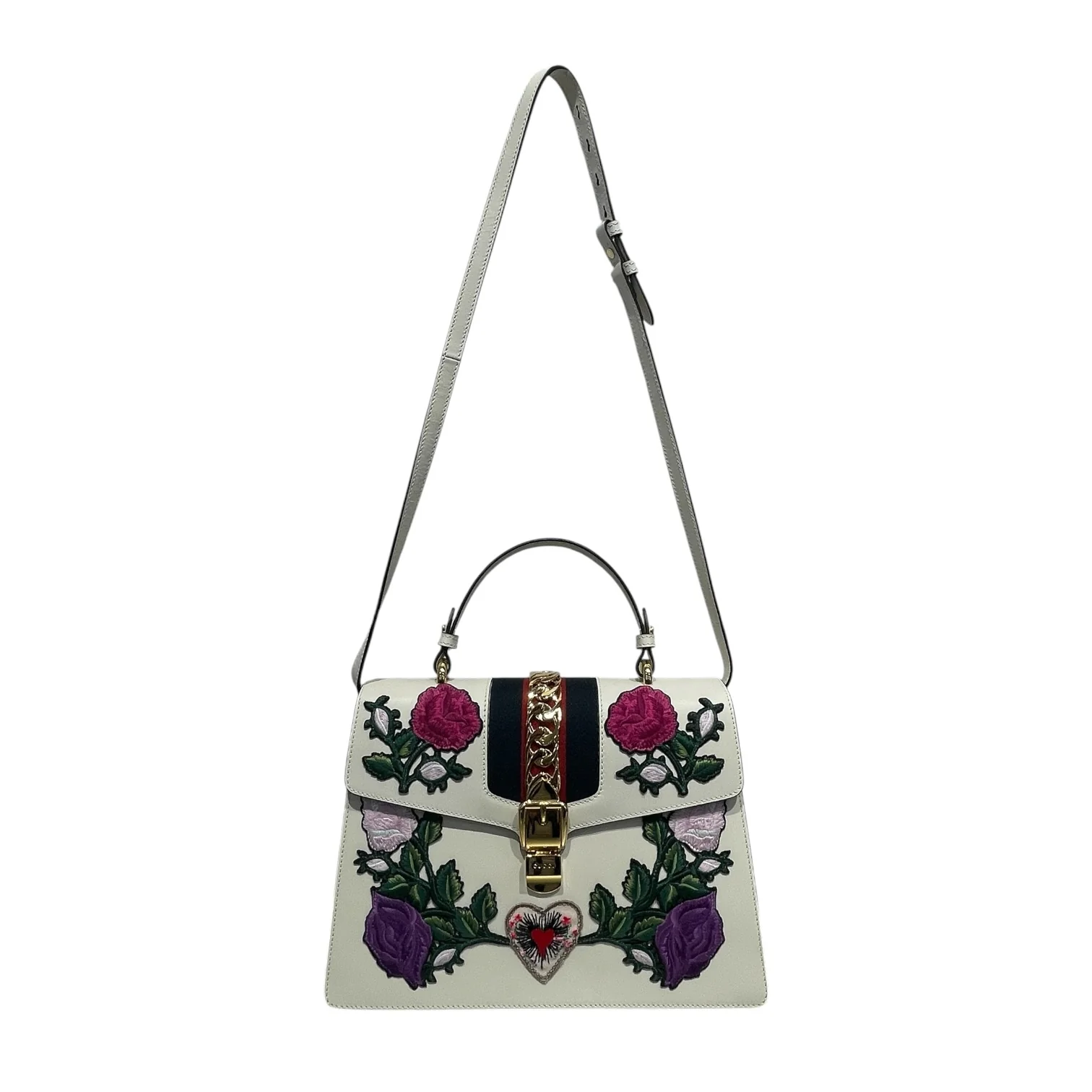 GUCCI/Cross Body Bag/Stripe/Leather/WHT/Sylvie Embroidered Medium
