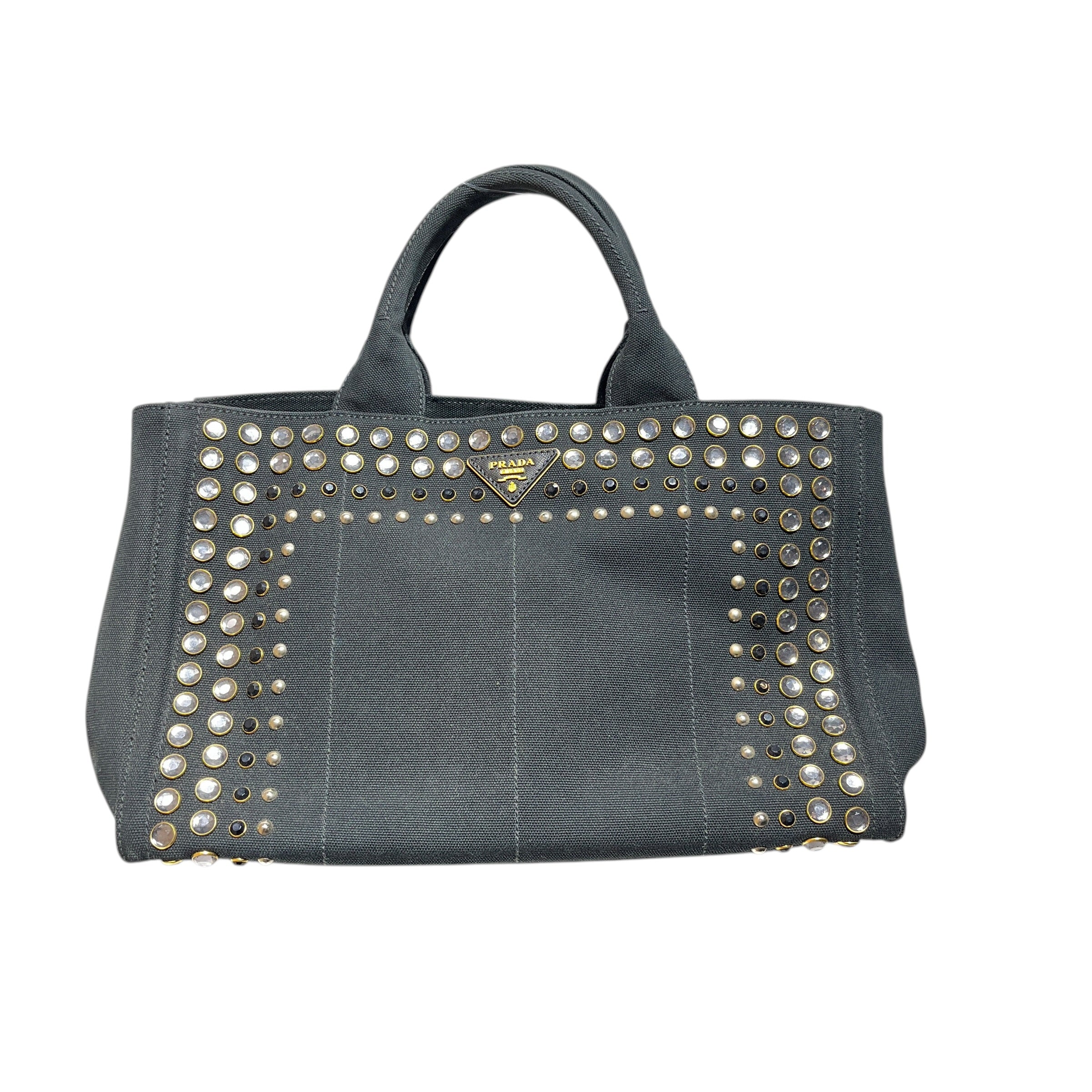 PRADA/Tote Bag/Cotton/BLK/jewled/ canapa canvas