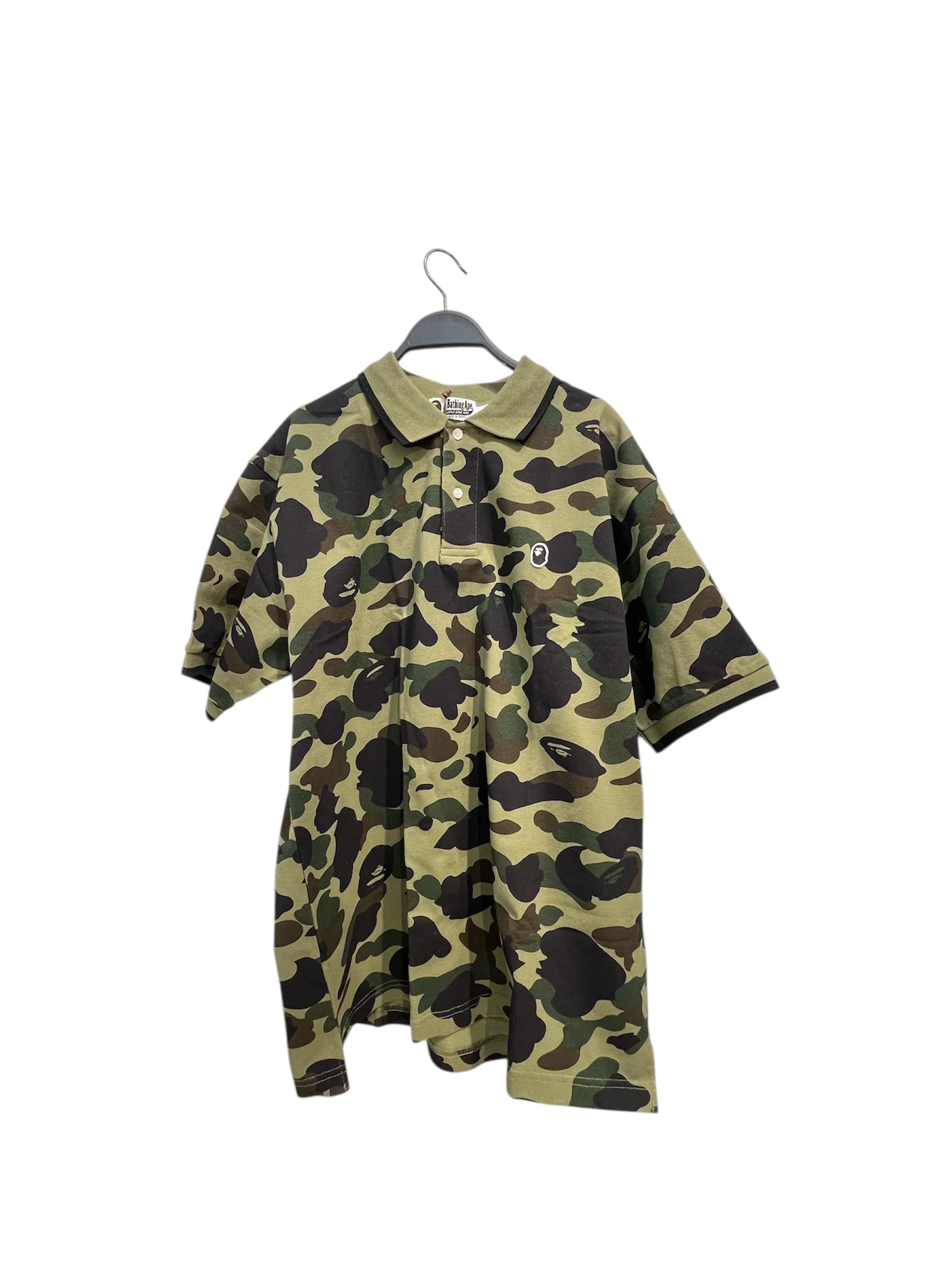 A BATHING APE/Polo Shirt/L/Cotton/GRN/Camouflage/blk trim collar/sleeves