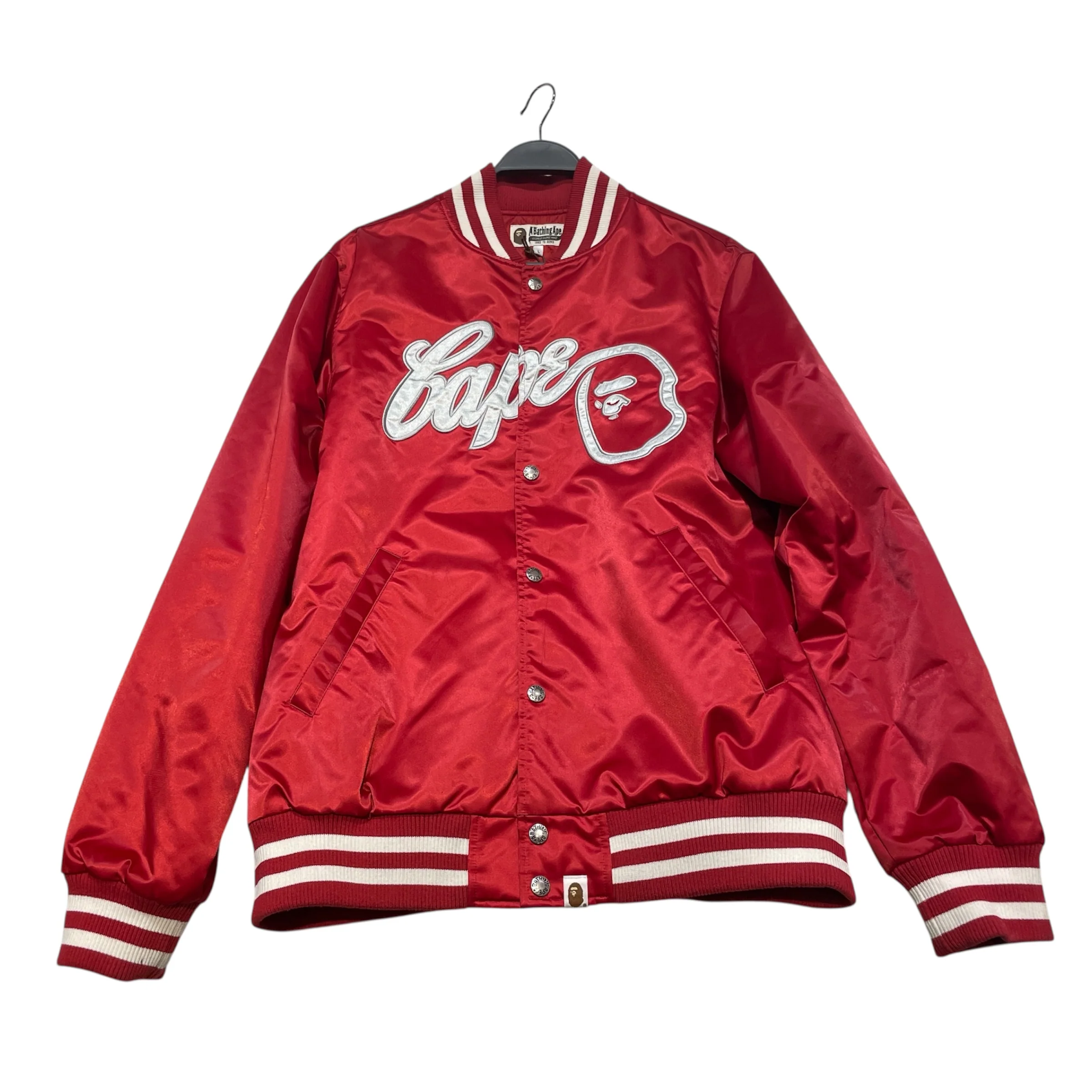 A BATHING APE/Baseball Jkt/L/Nylon/RED/Graphic/'BAPE' Satin Baseball Jacket