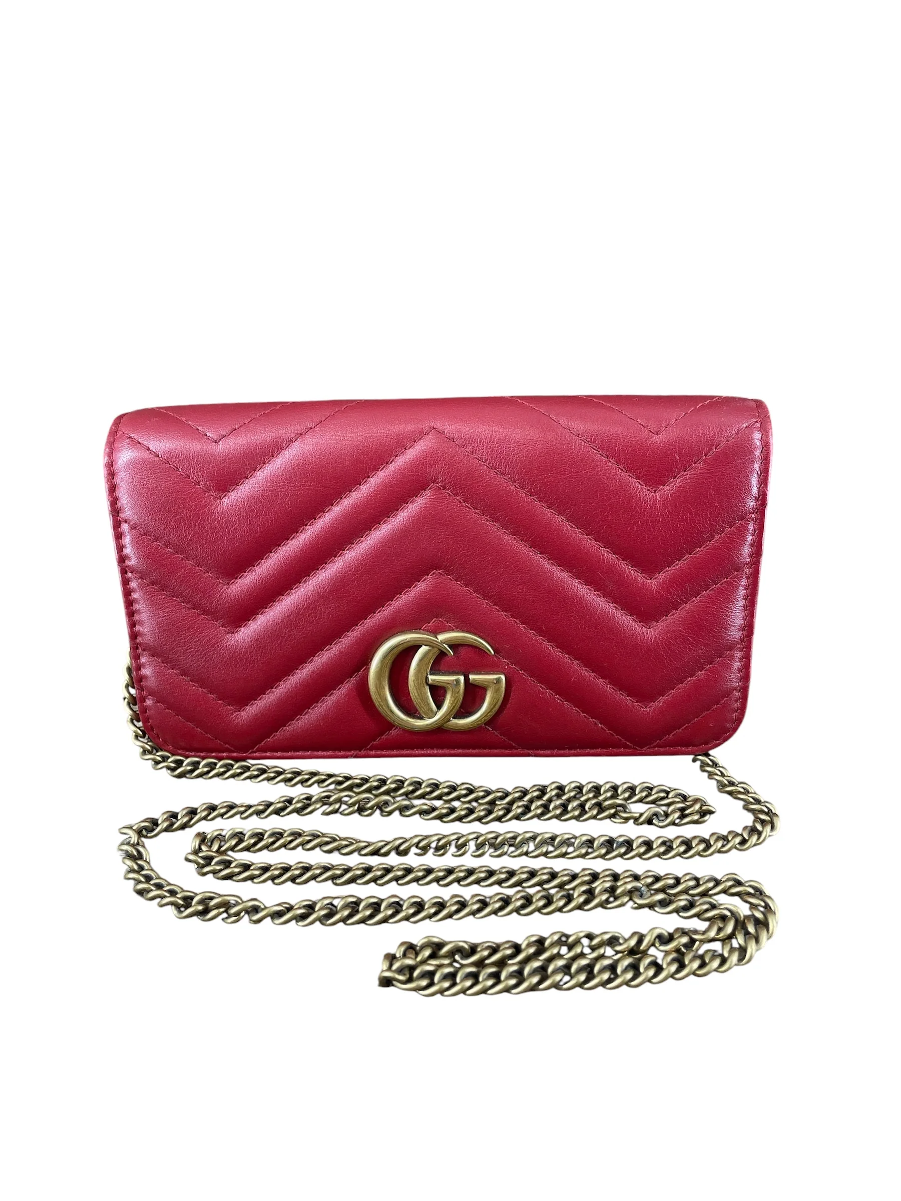 GUCCI/Cross Body Bag/Leather/RED/GG MARMONT WALLET ON CHAIN