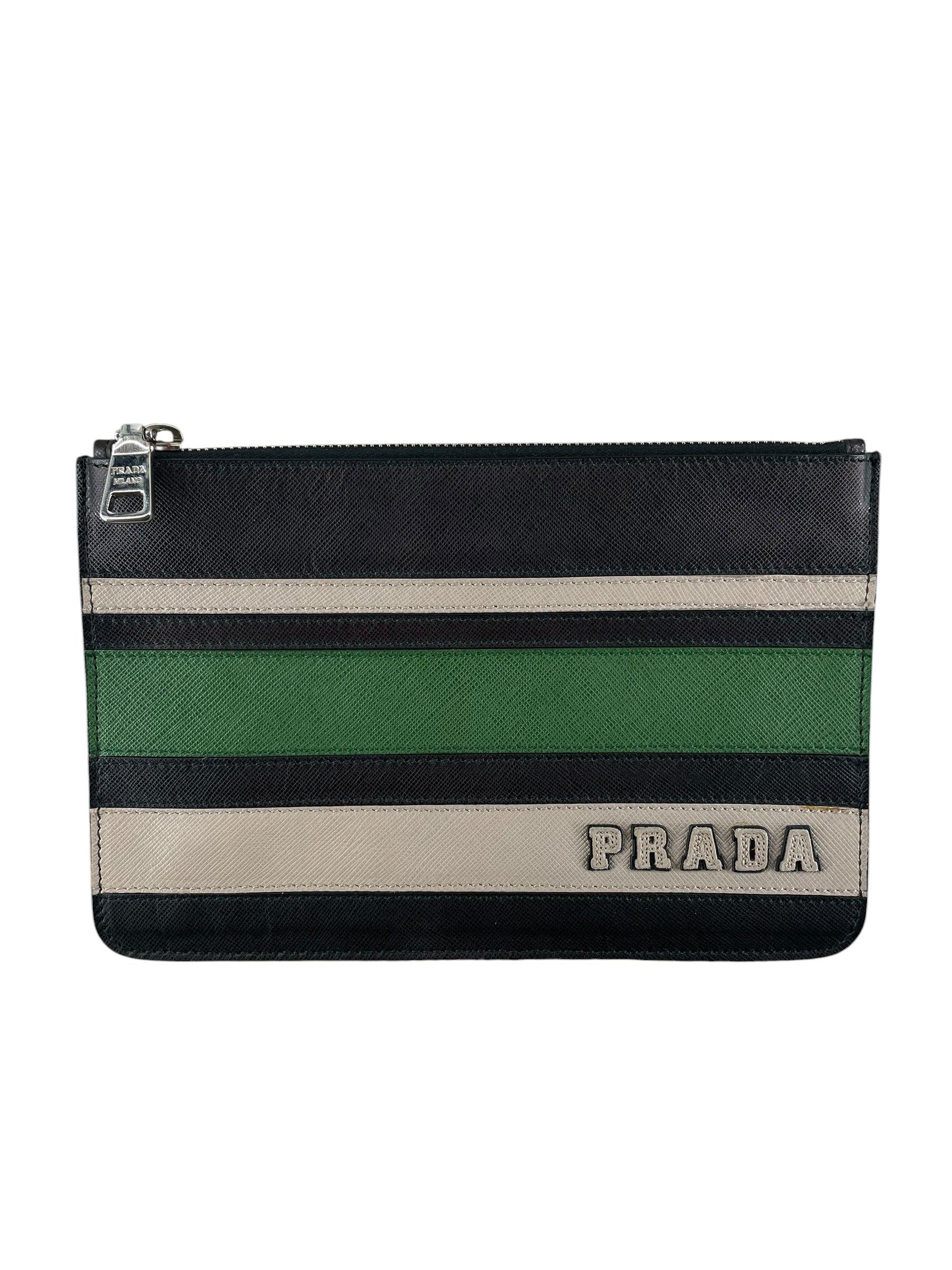 PRADA/Clutch Bag/Stripe/Leather/GRN/SAFFIANO STRIPED CLUTCH