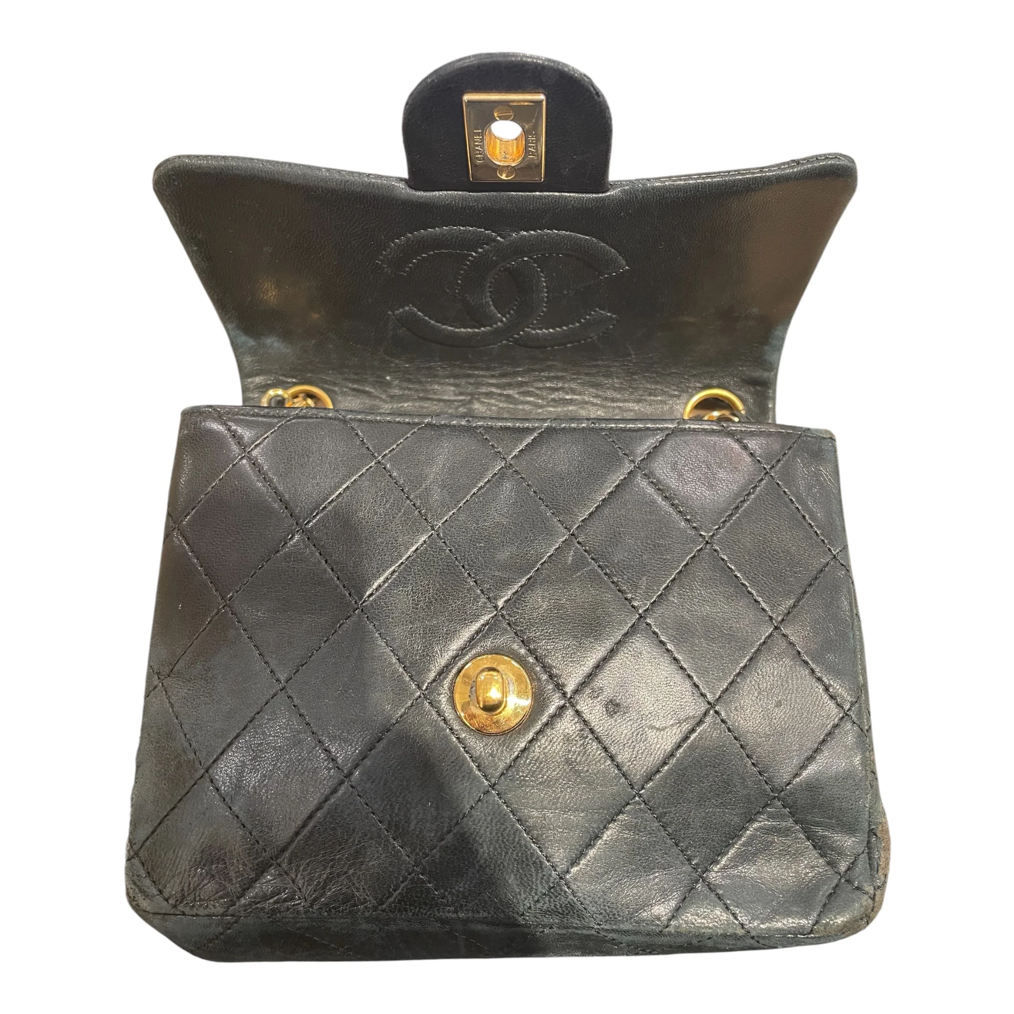 CHANEL/Cross Body Bag/Lambskin/BLK/single flap vtg