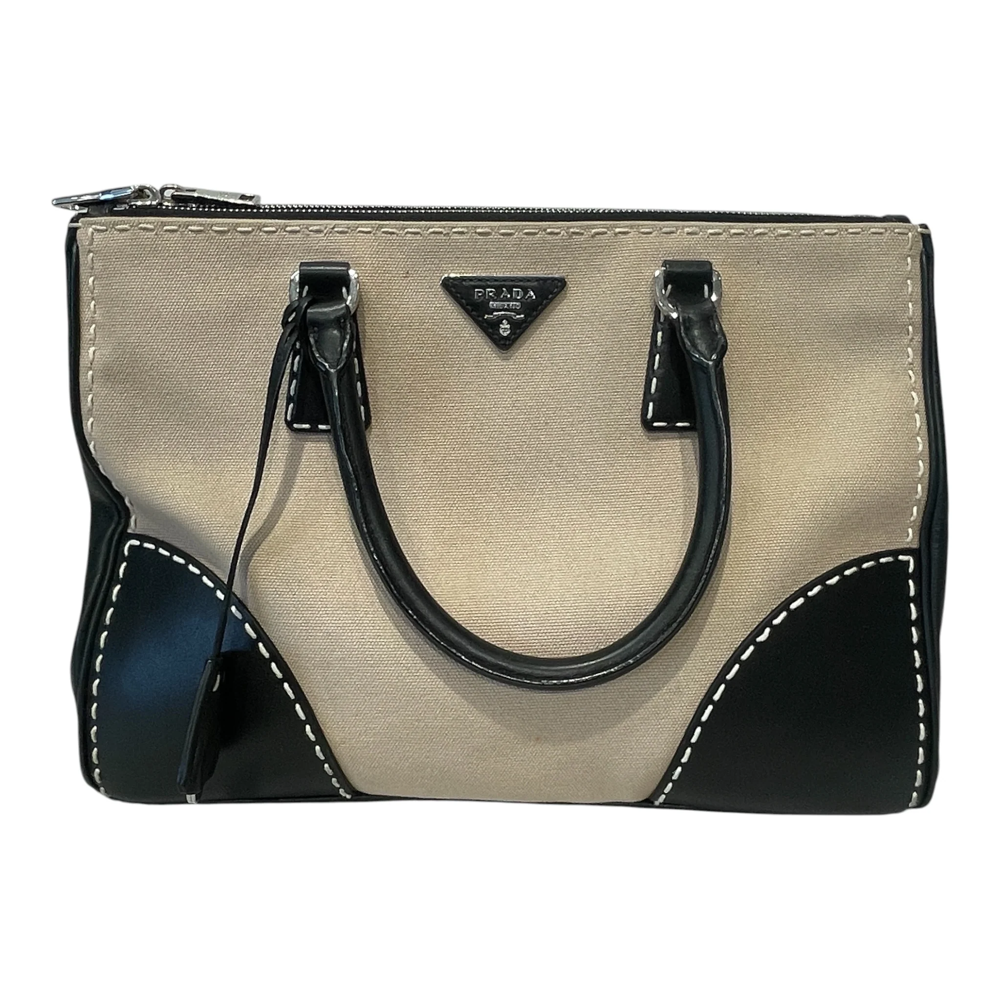 PRADA/Cross Body Bag/Leather/BLK/CANAPA CITY STITCH/BEIGE