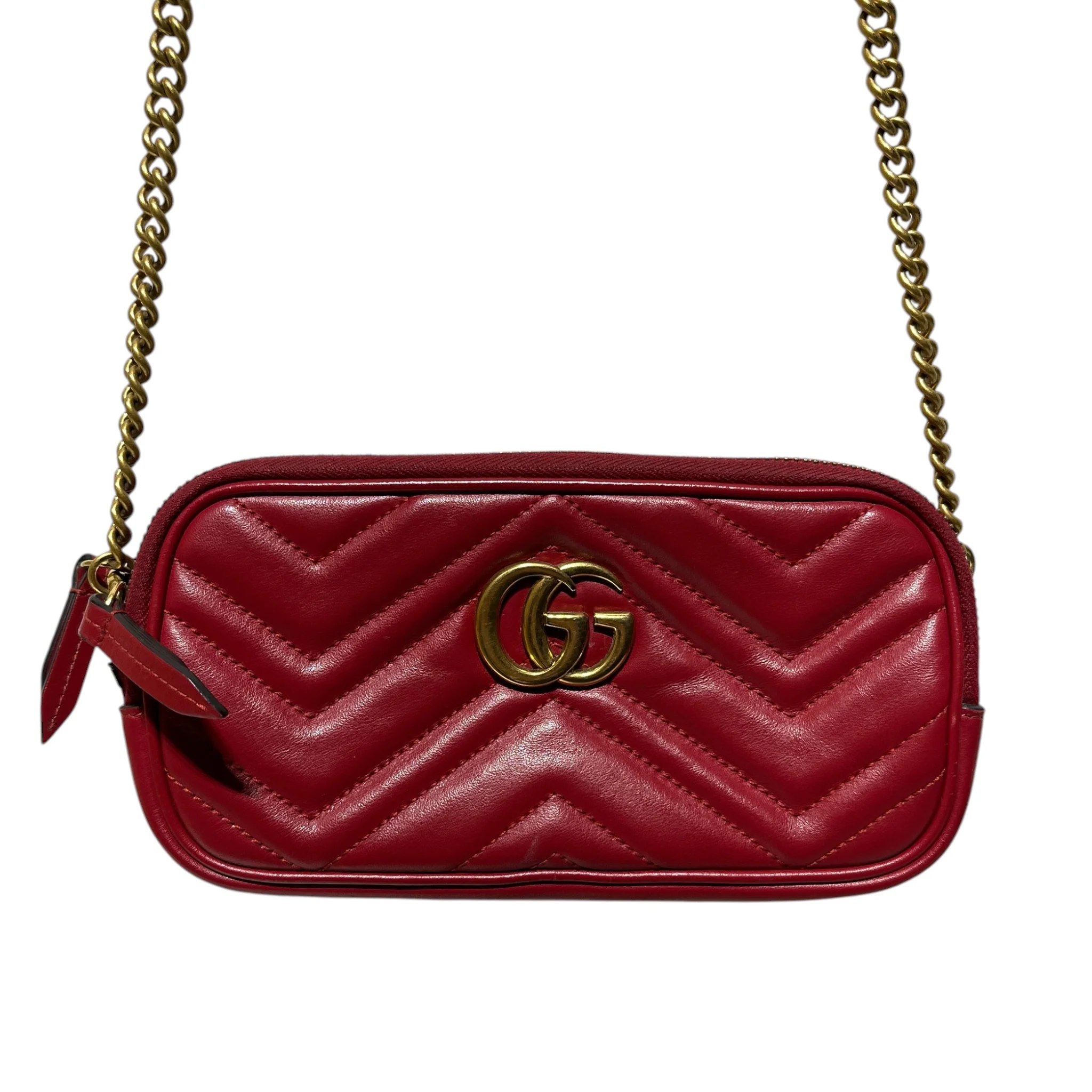 GUCCI/Cross Body Bag/Leather/RED/Marmont Triple Zipper Crossbod
