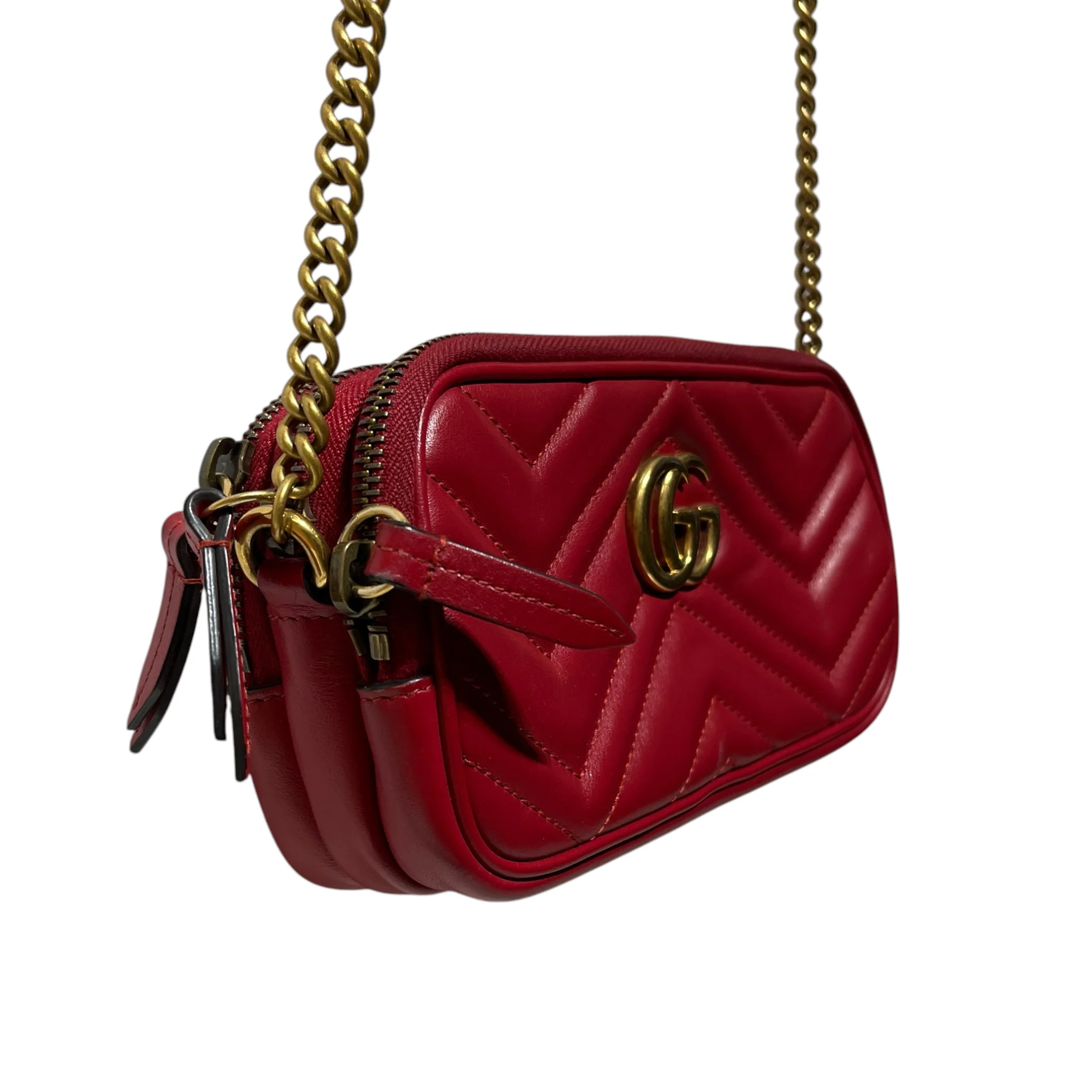 GUCCI/Cross Body Bag/Leather/RED/Marmont Triple Zipper Crossbod