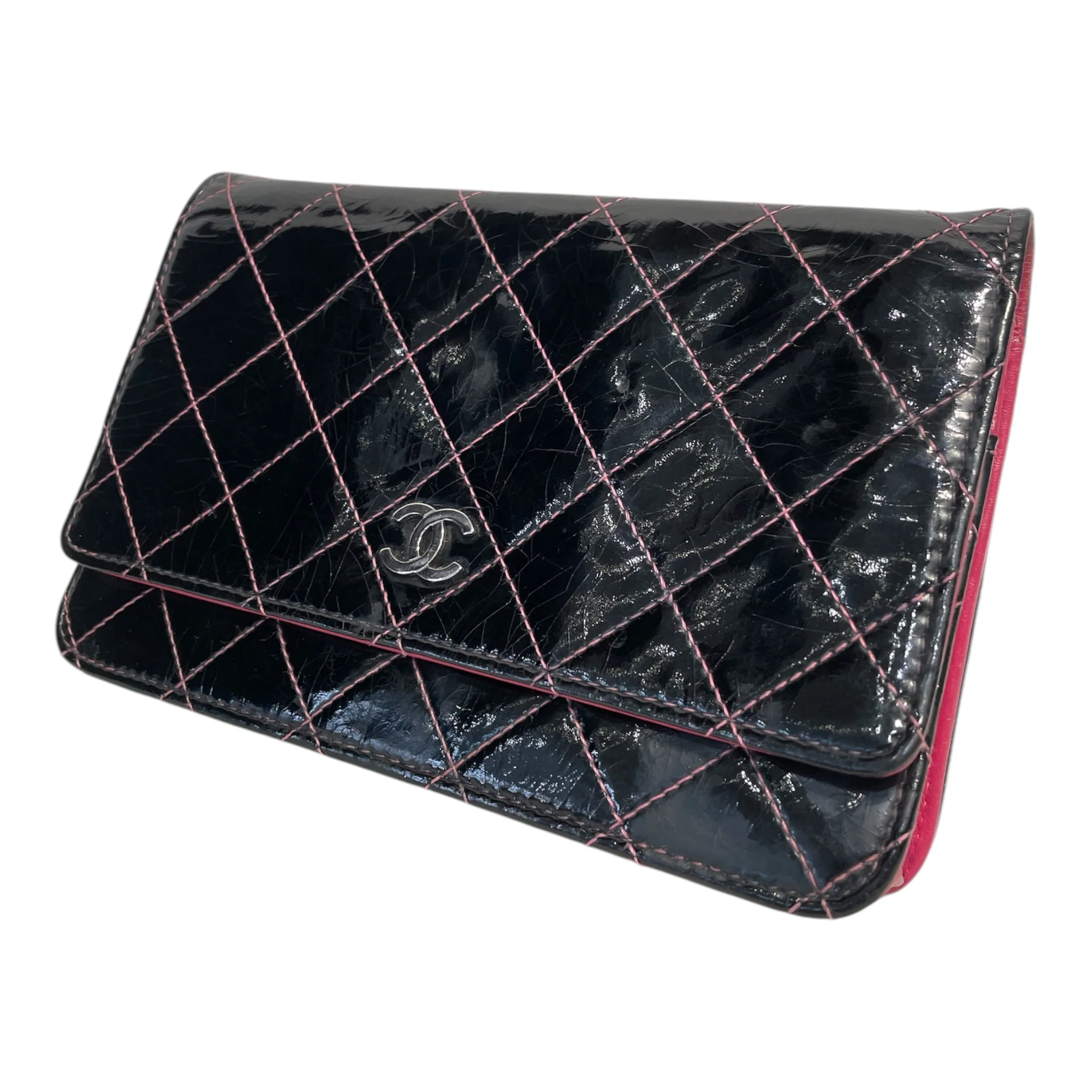CHANEL/Cross Body Bag/Leather/BLK/Pink and Black Wallet on chain