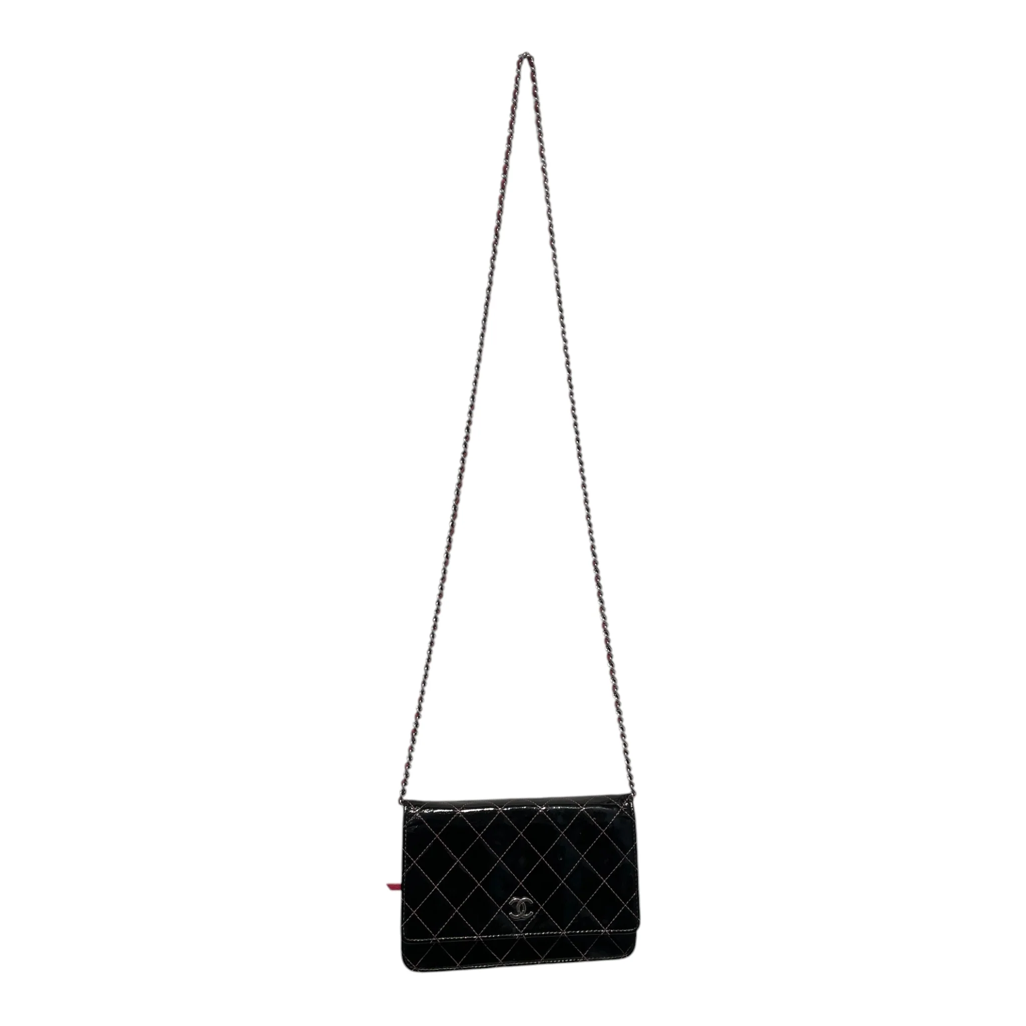 CHANEL/Cross Body Bag/Leather/BLK/Pink and Black Wallet on chain