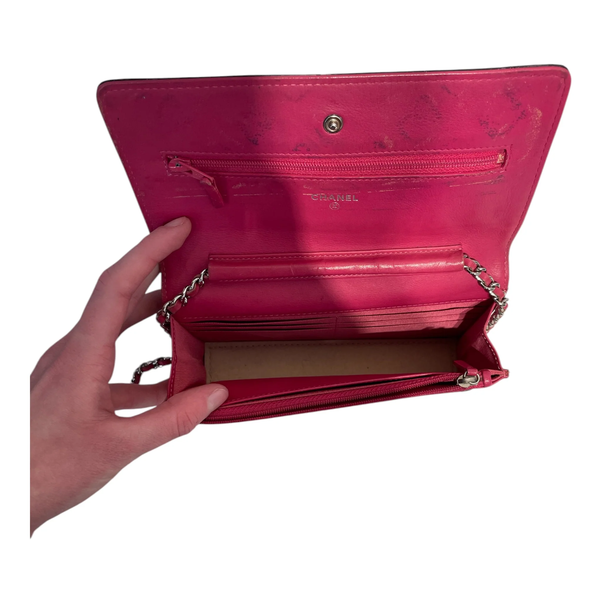 CHANEL/Cross Body Bag/Leather/BLK/Pink and Black Wallet on chain