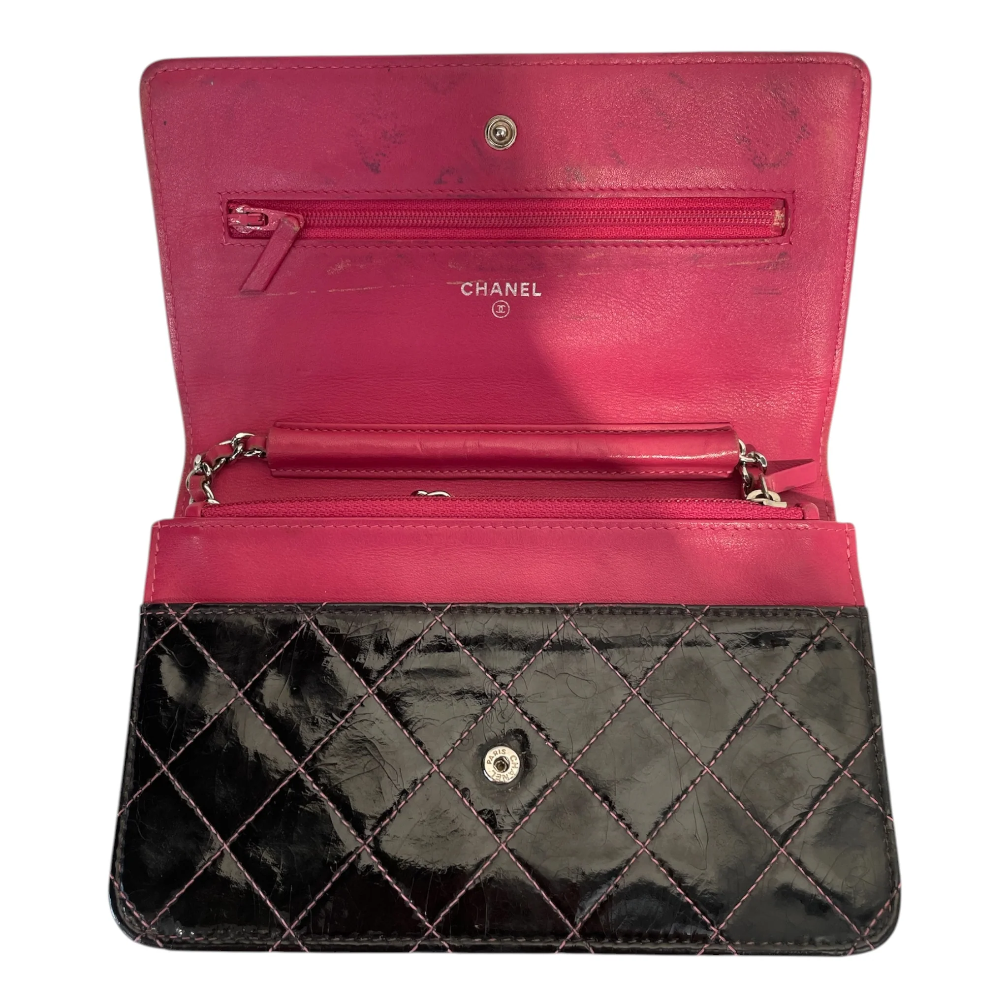 CHANEL/Cross Body Bag/Leather/BLK/Pink and Black Wallet on chain
