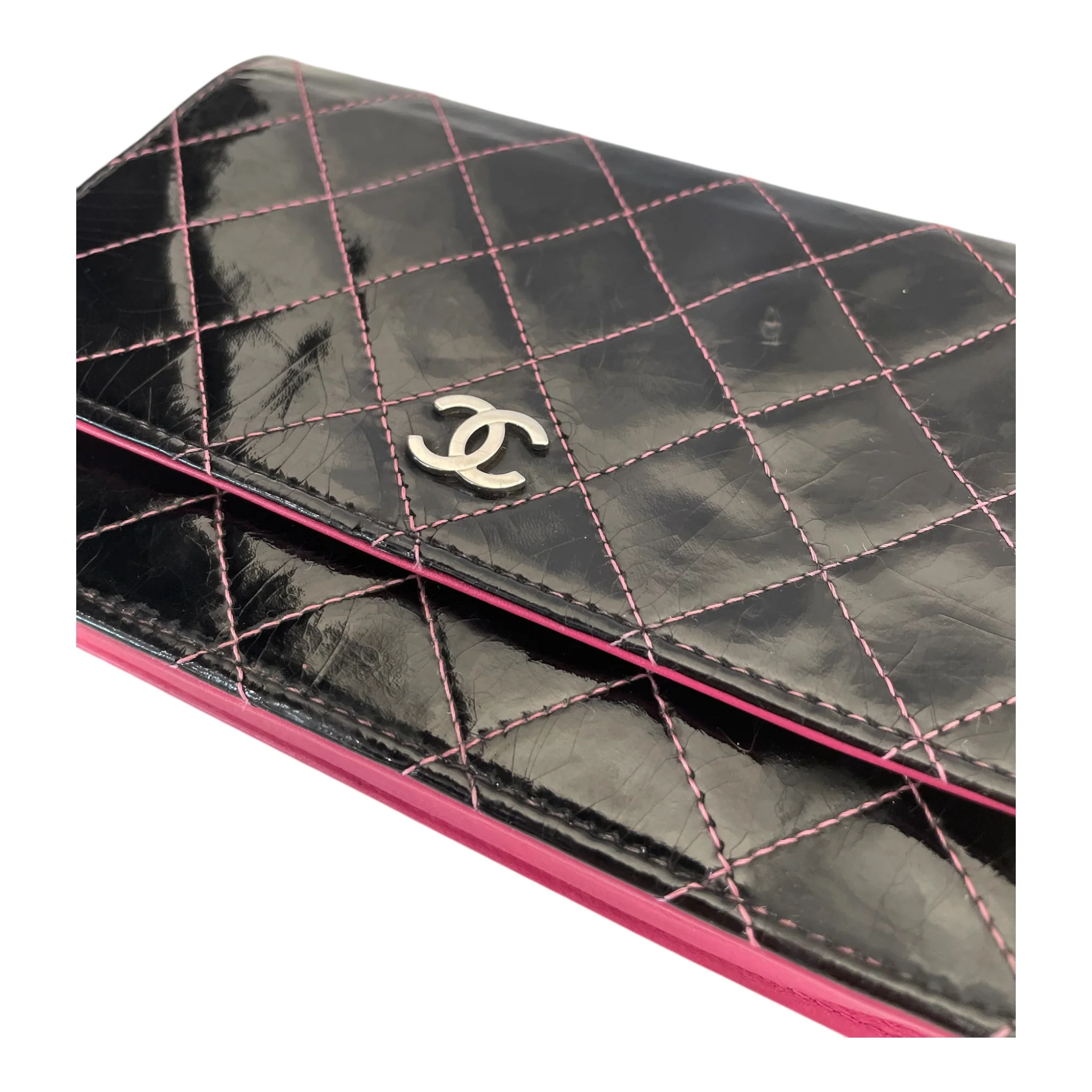 CHANEL/Cross Body Bag/Leather/BLK/Pink and Black Wallet on chain