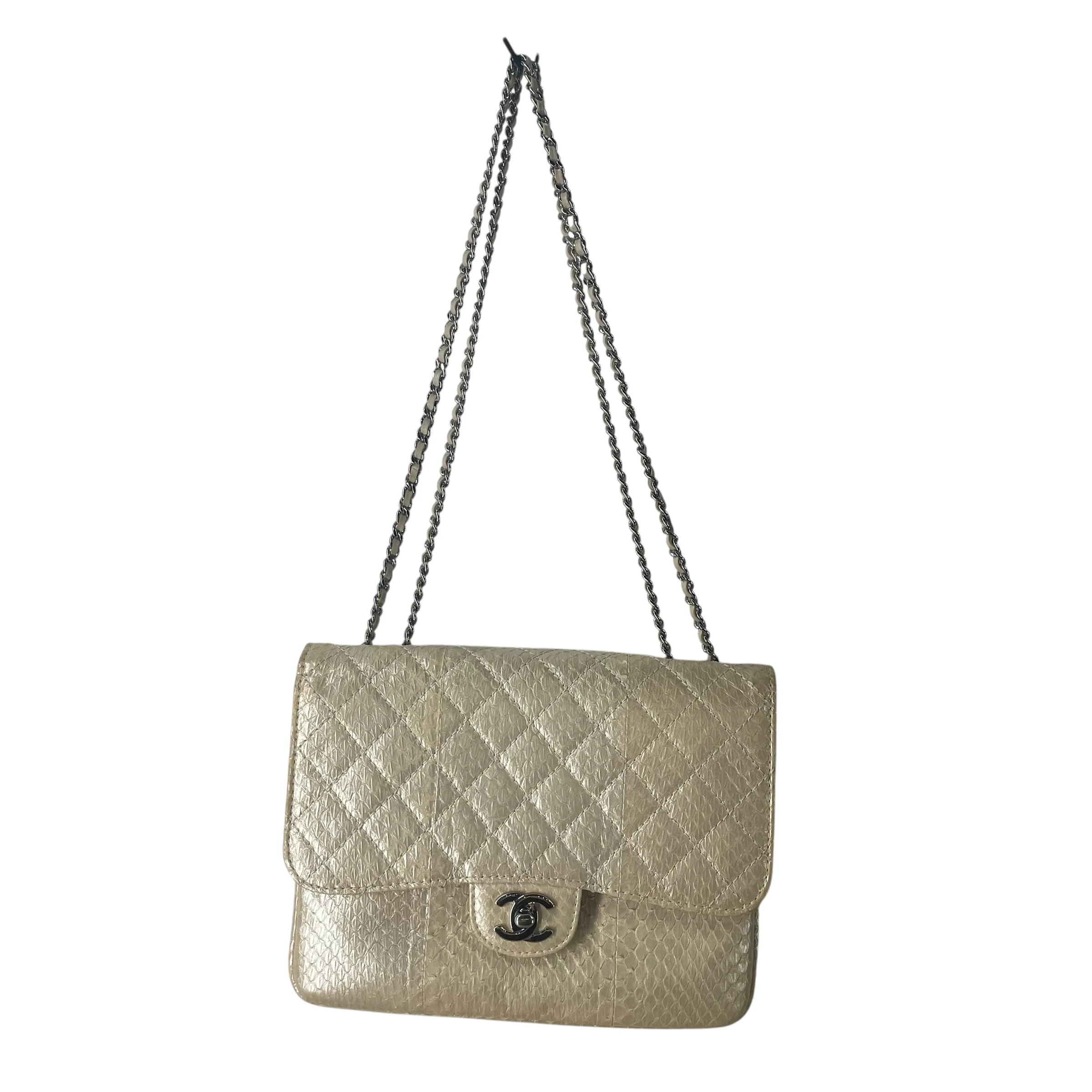 CHANEL/Cross Body Bag/Animal Pattern/Leather/CRM/PYTHON CLASSIQUE SIL HARDWARE