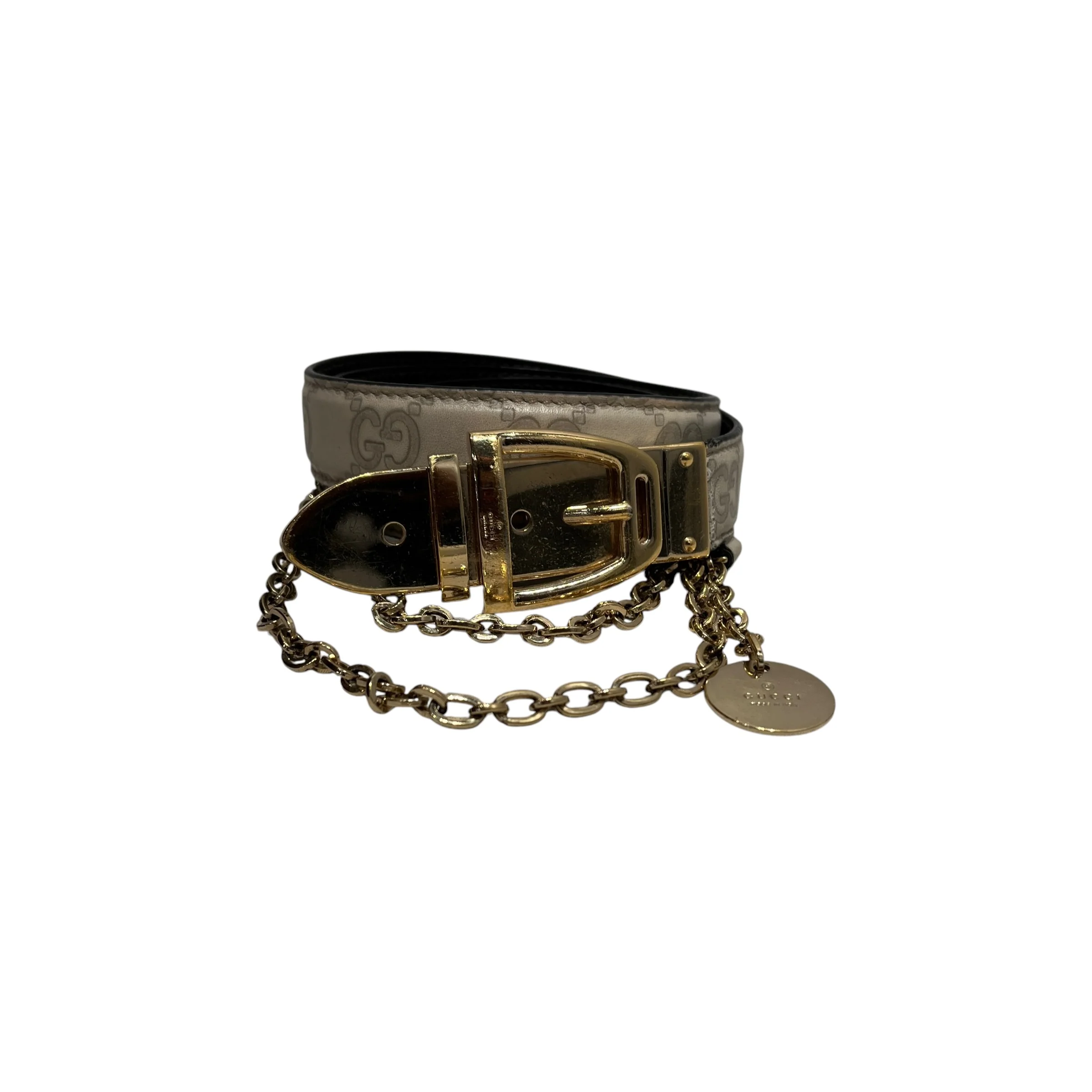 GUCCI/Belt/Monogram/Leather/CRM/HANGING GOLD CHAIN