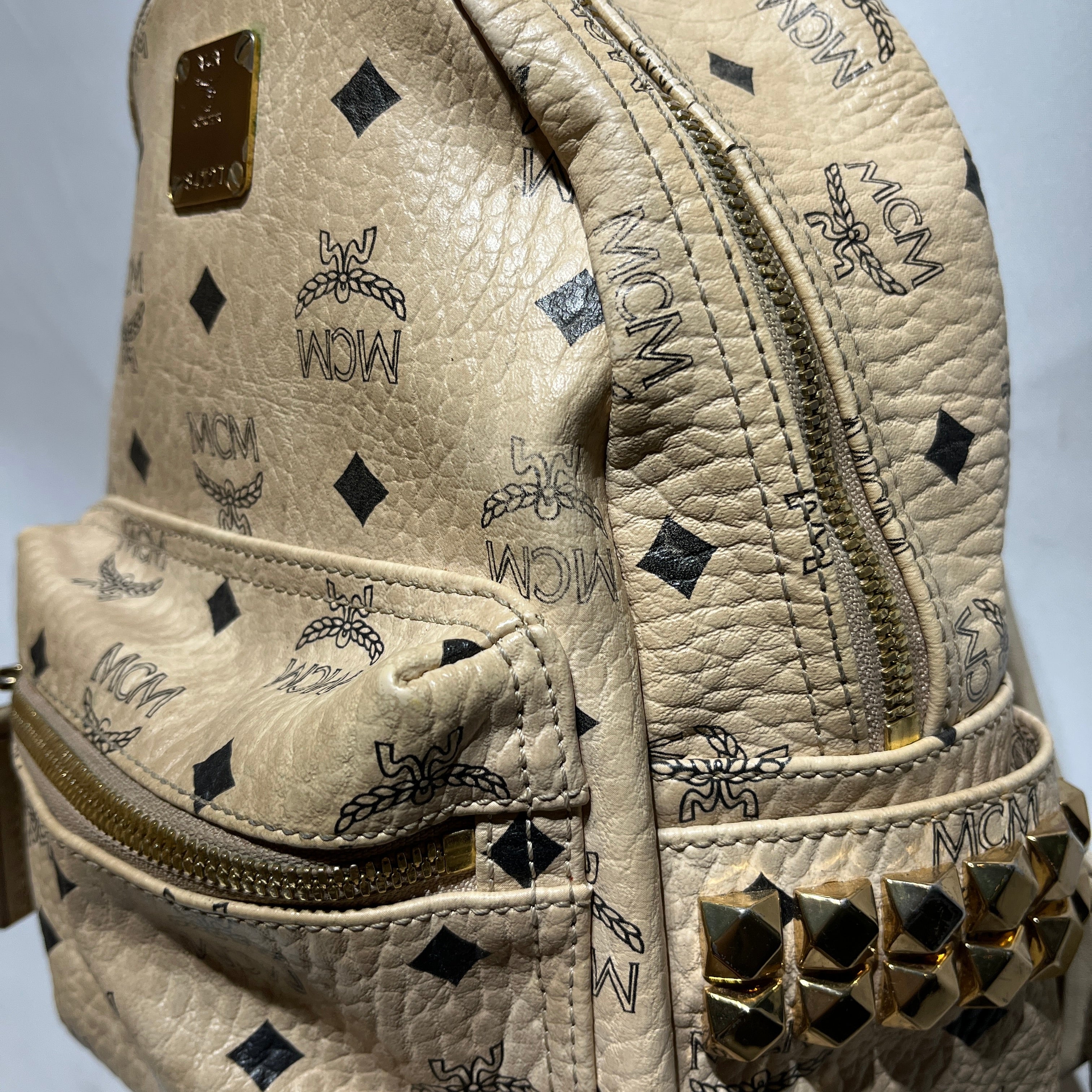 MCM/Backpack/Monogram/Leather/BEG/MINI STUDDED