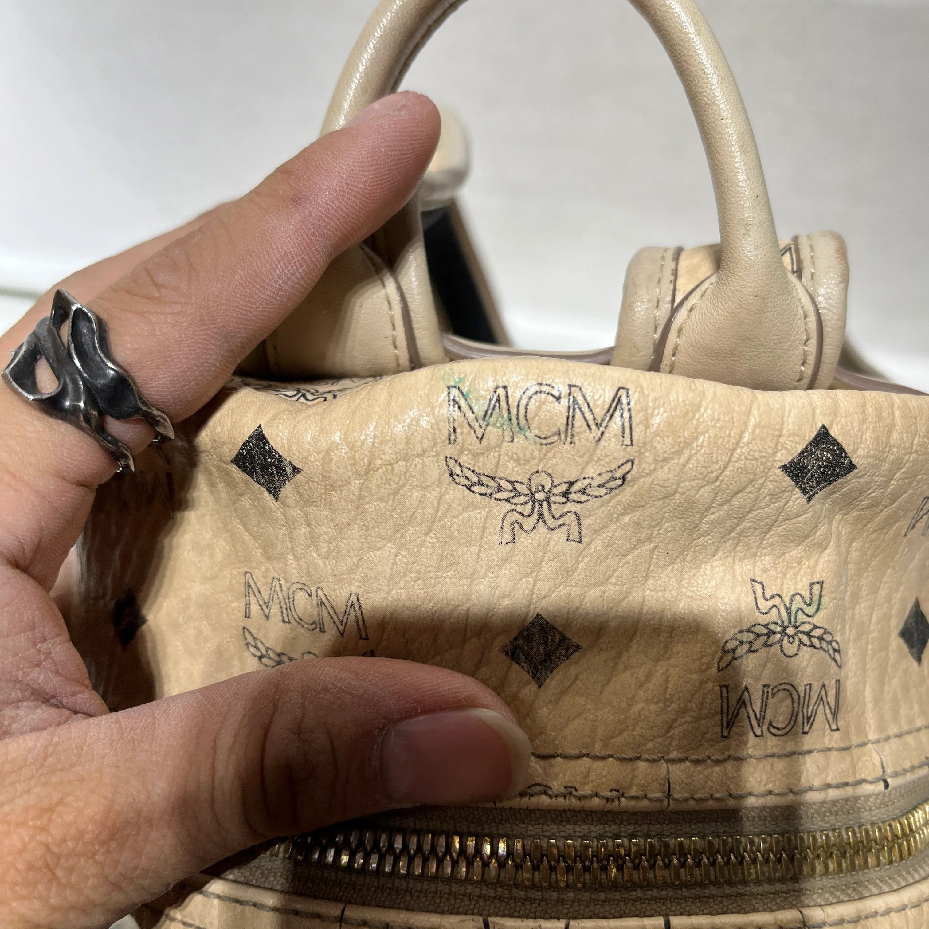 MCM/Backpack/Monogram/Leather/BEG/MINI STUDDED