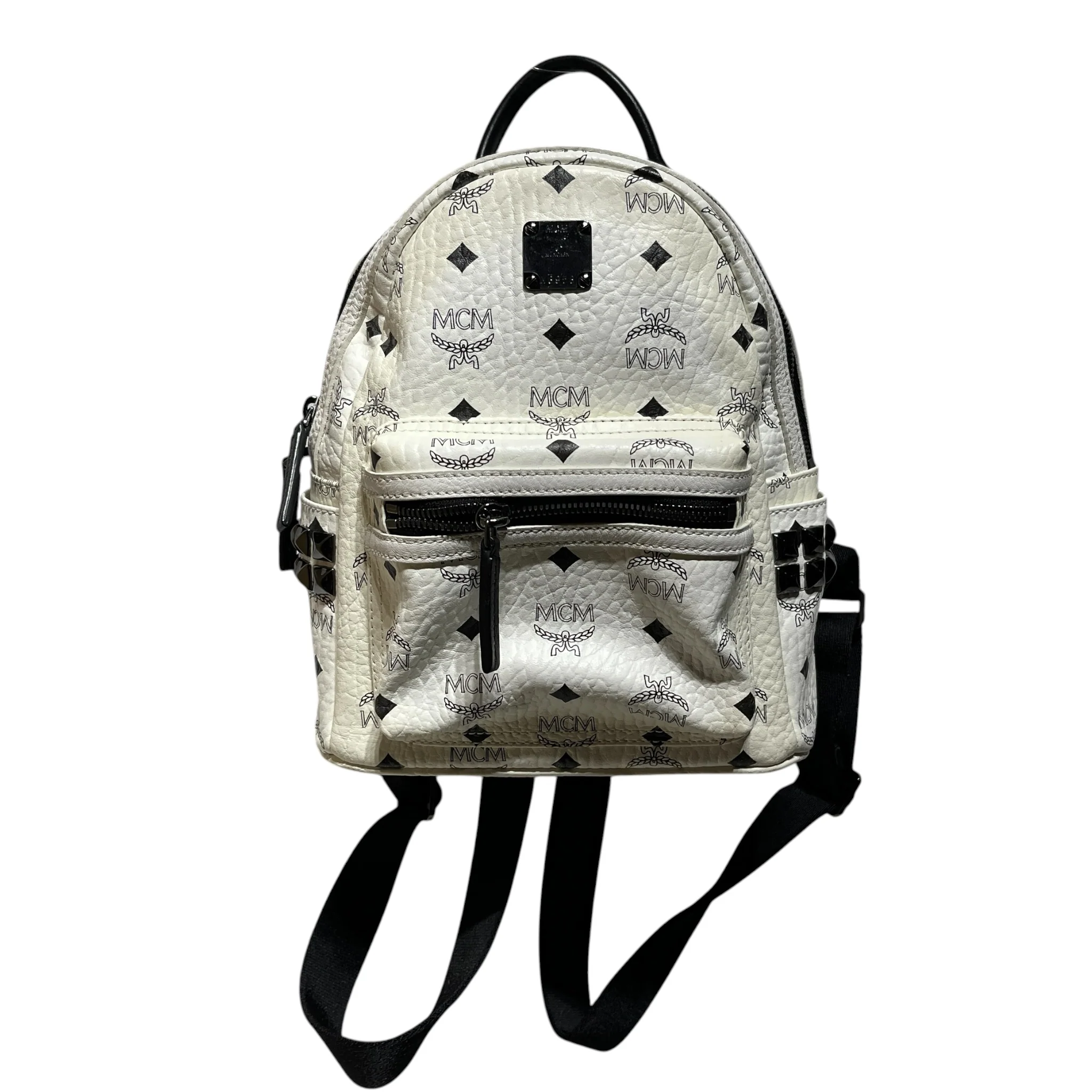 MCM/Backpack/Monogram/Leather/WHT/black studded mini