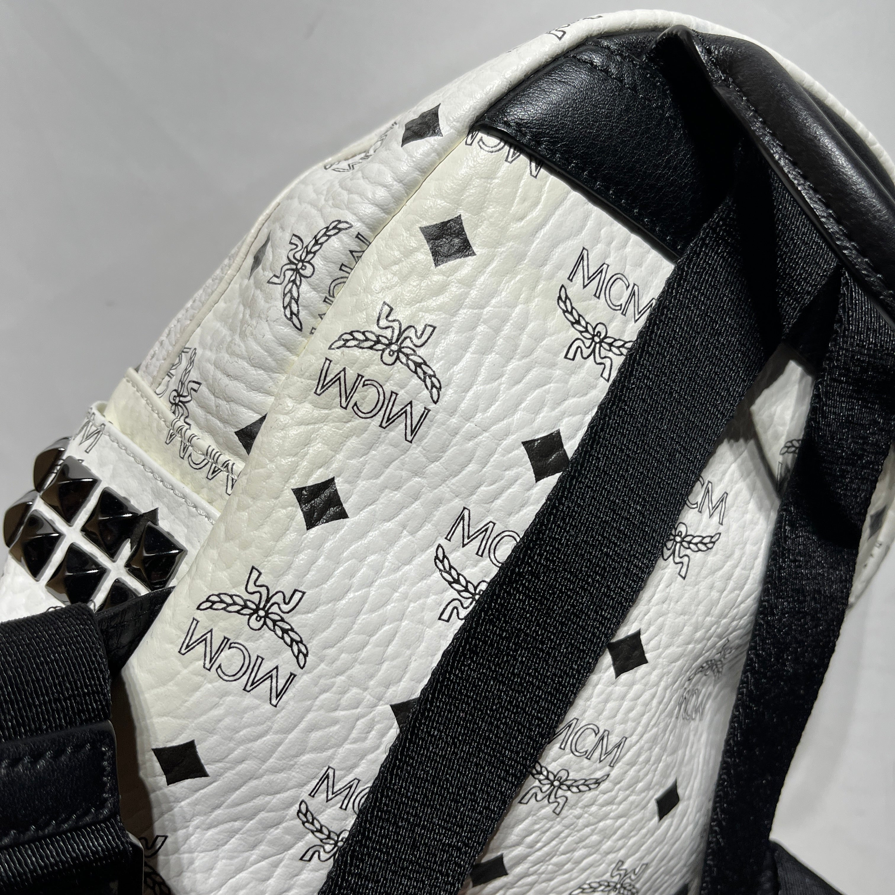 MCM/Backpack/Monogram/Leather/WHT/black studded mini