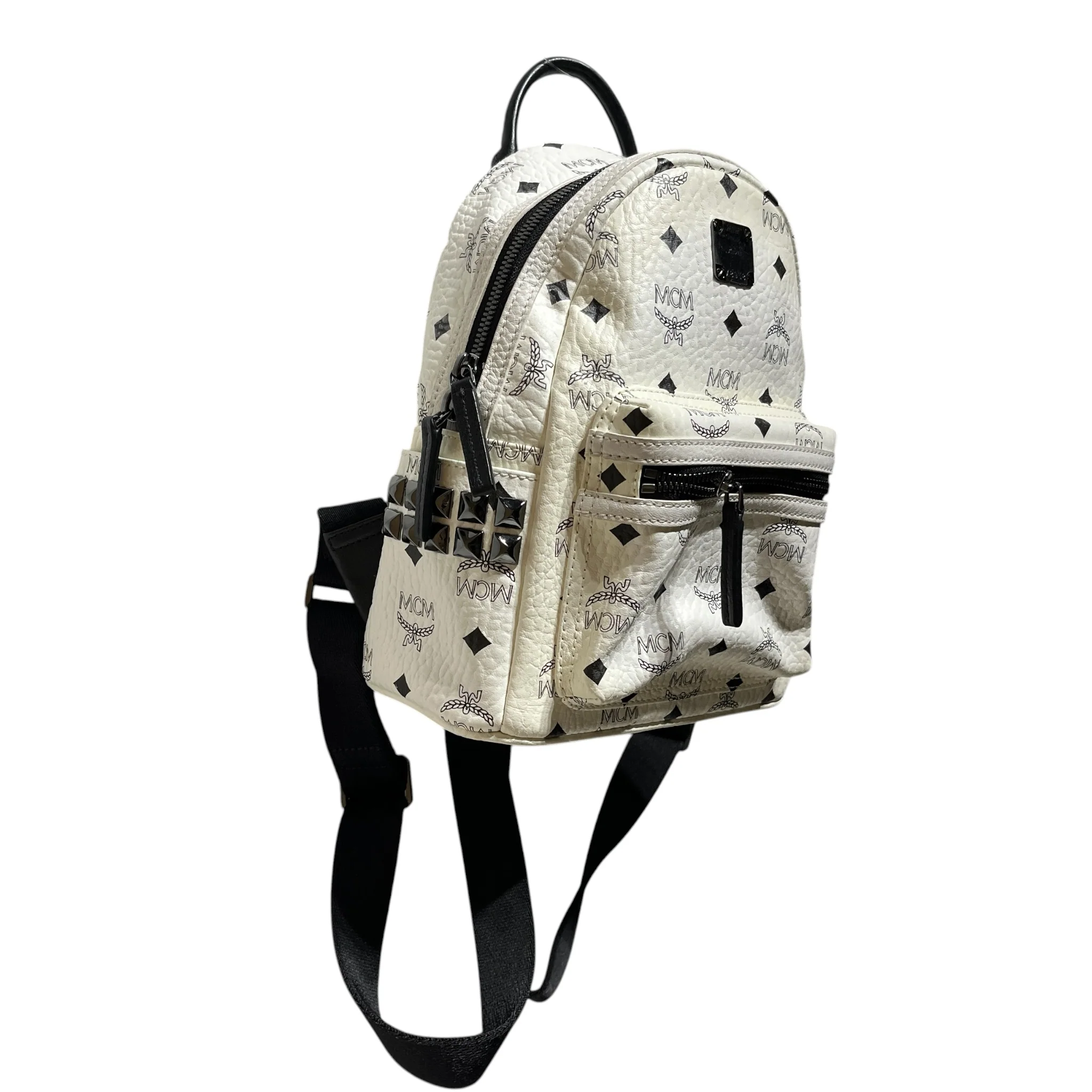 MCM/Backpack/Monogram/Leather/WHT/black studded mini