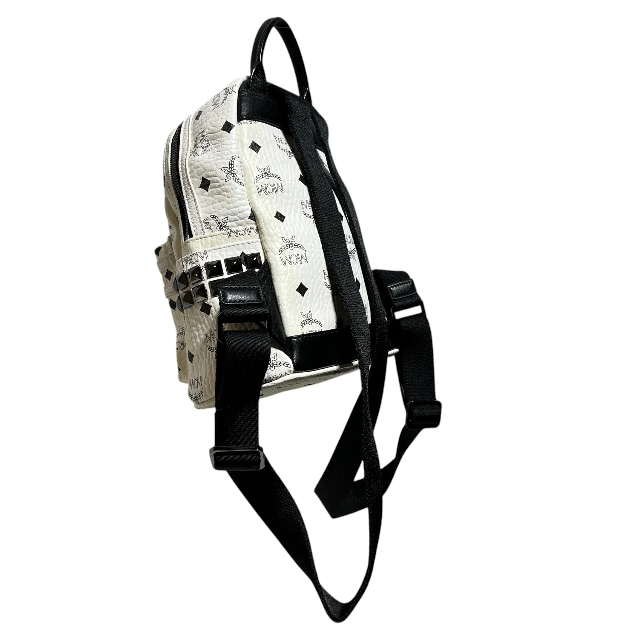 MCM/Backpack/Monogram/Leather/WHT/black studded mini