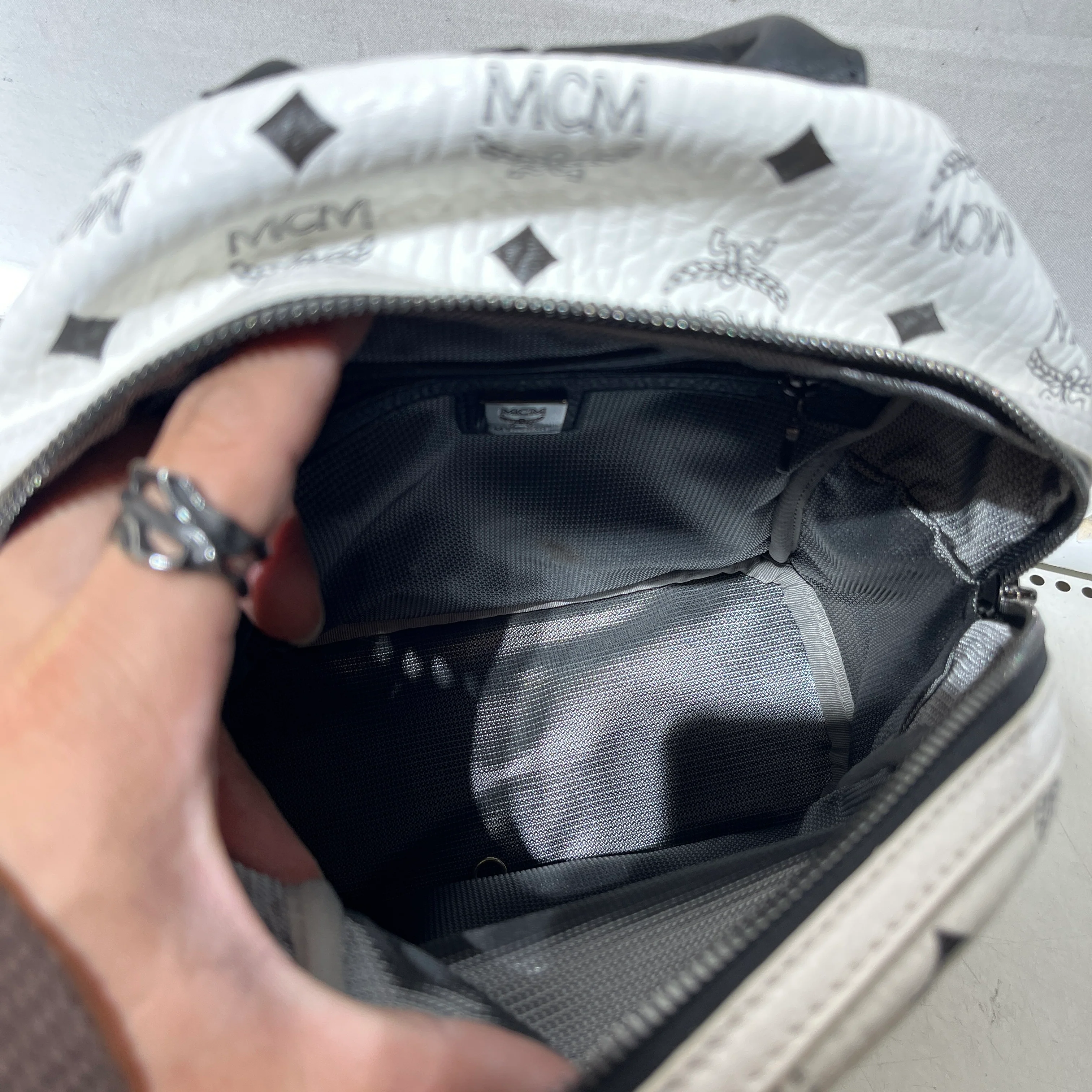 MCM/Backpack/Monogram/Leather/WHT/black studded mini