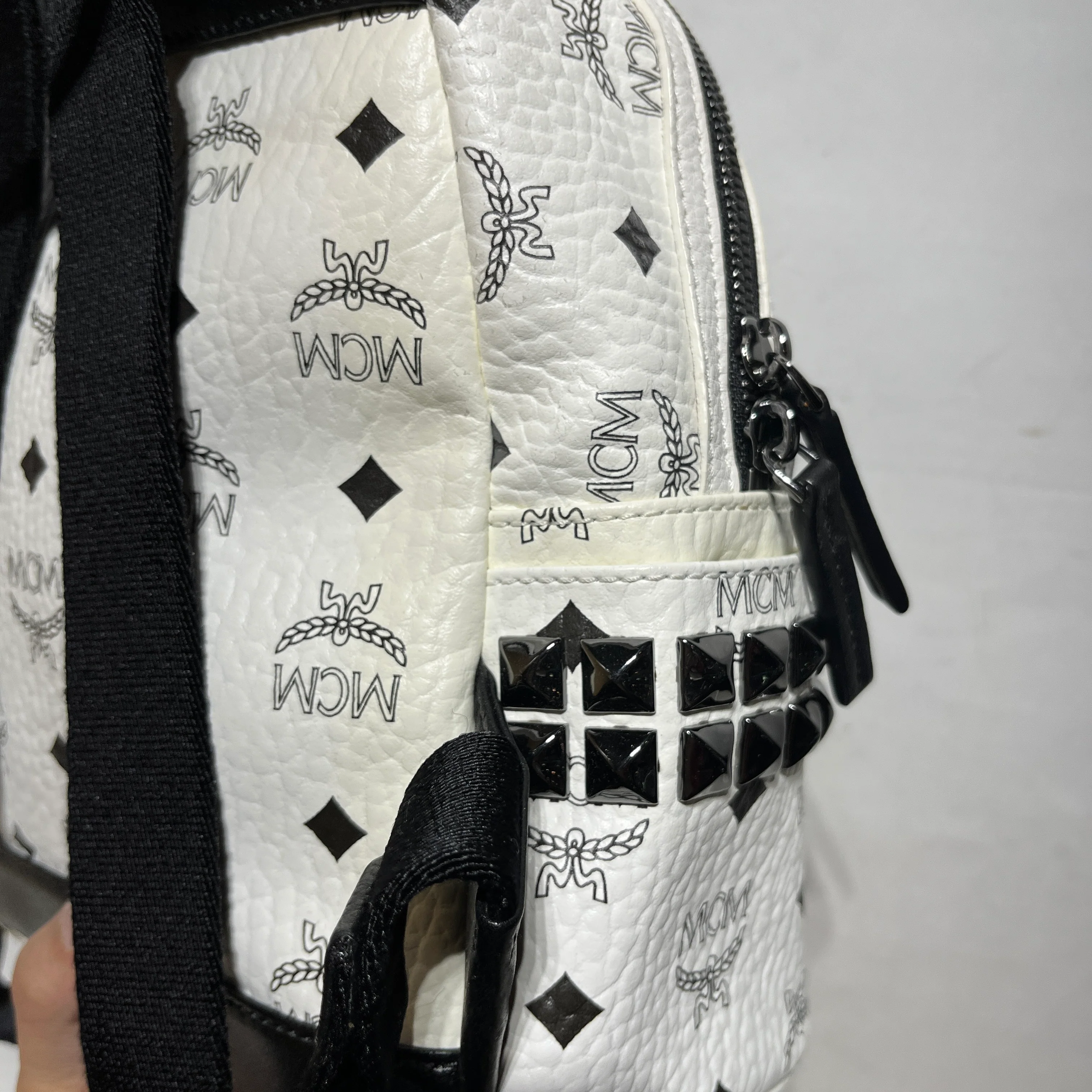 MCM/Backpack/Monogram/Leather/WHT/black studded mini
