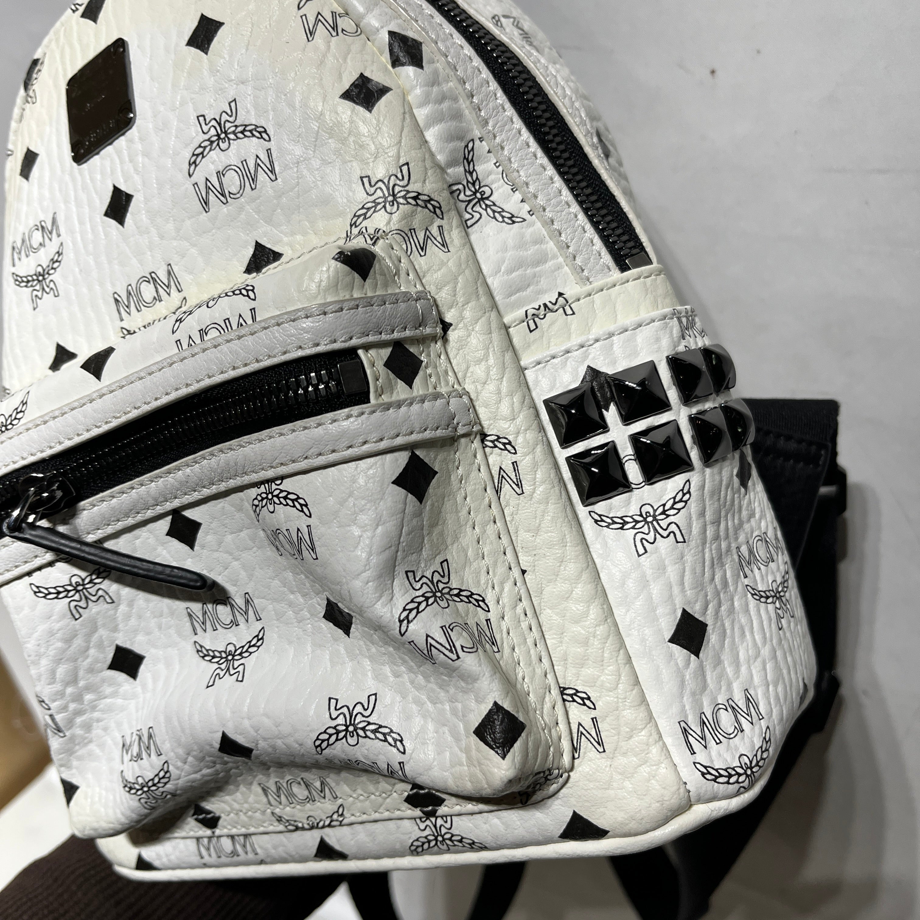 MCM/Backpack/Monogram/Leather/WHT/black studded mini