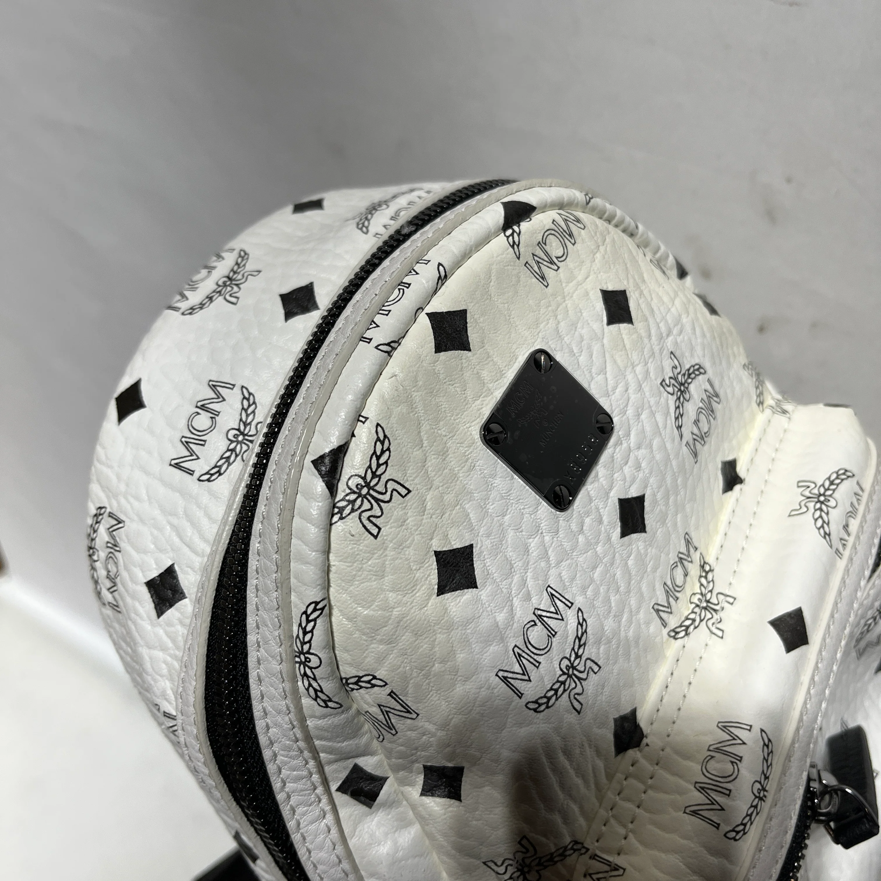 MCM/Backpack/Monogram/Leather/WHT/black studded mini