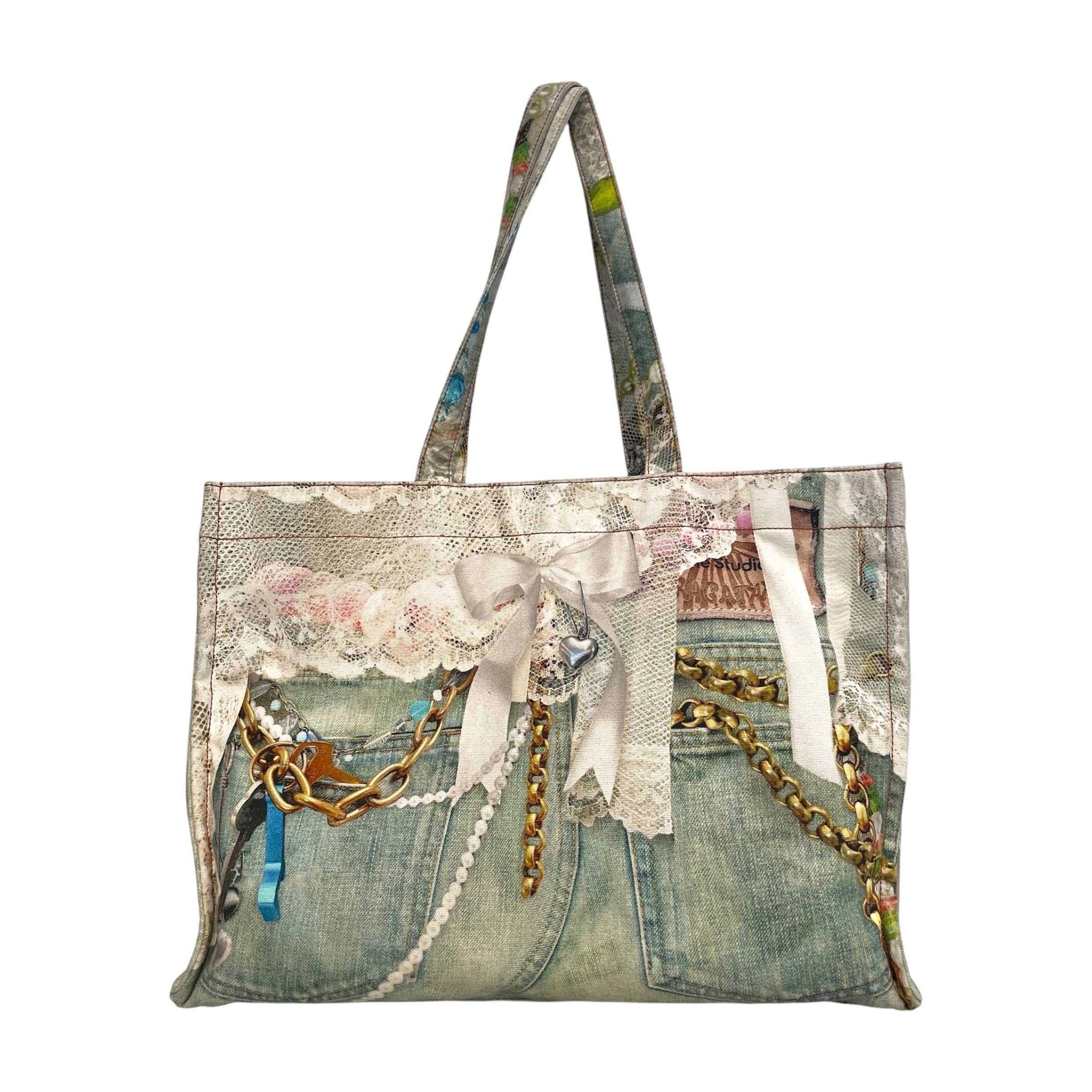 Acne Studios/Tote Bag/All Over Print/Cotton/MLT/Trompe L'oeil Denim Effect