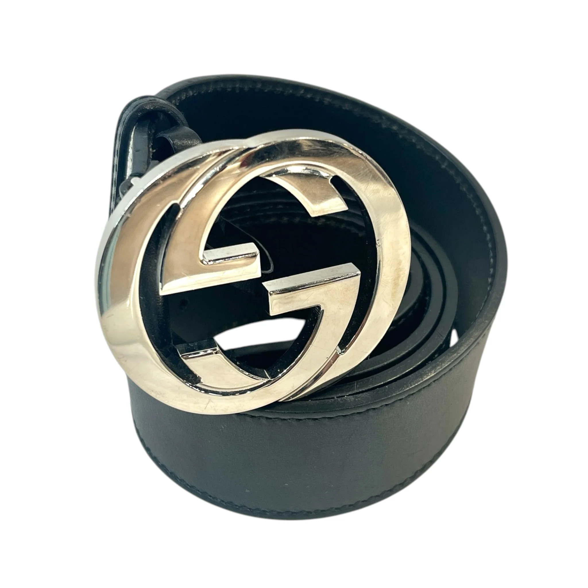 GUCCI/Belt/Leather/BLK/INTERLOCKING BUCKLE