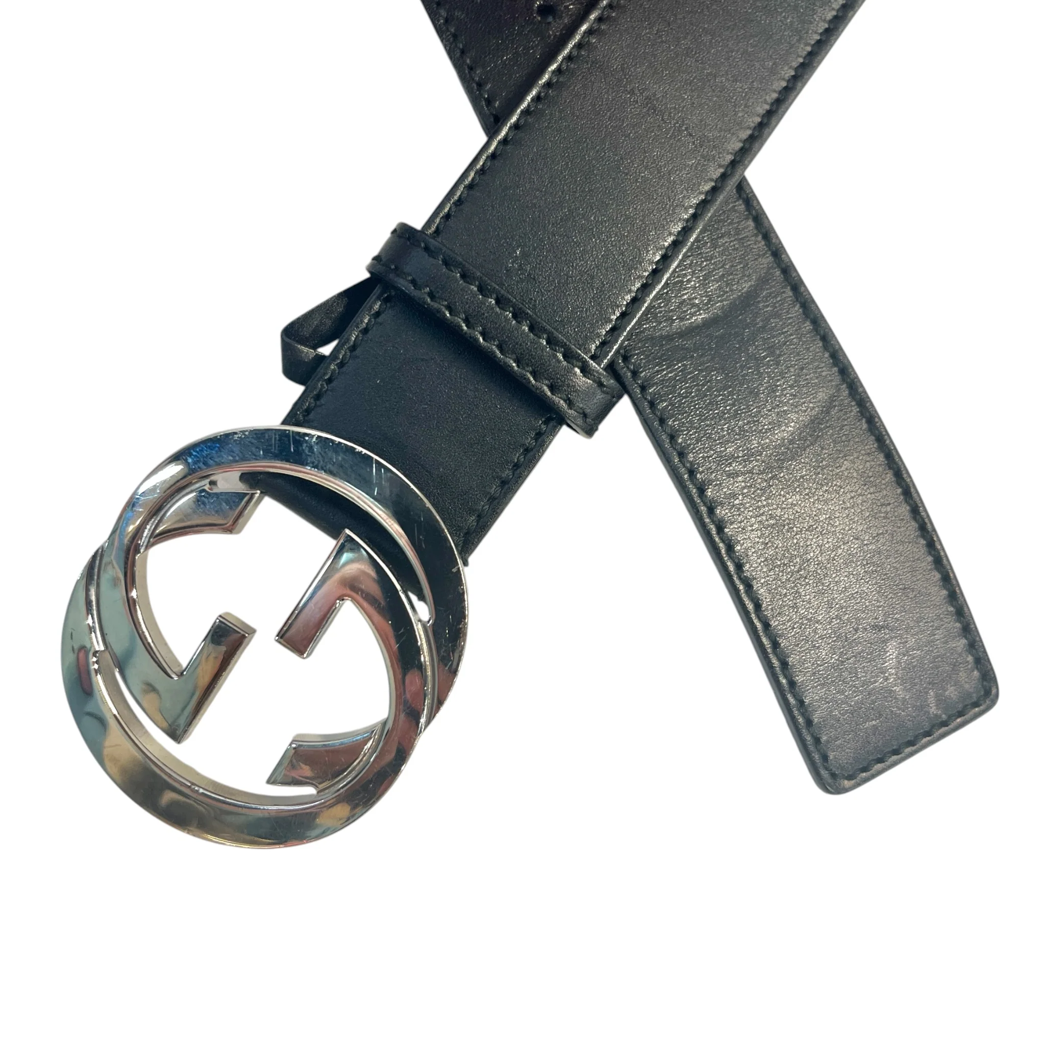 GUCCI/Belt/Leather/BLK/INTERLOCKING BUCKLE